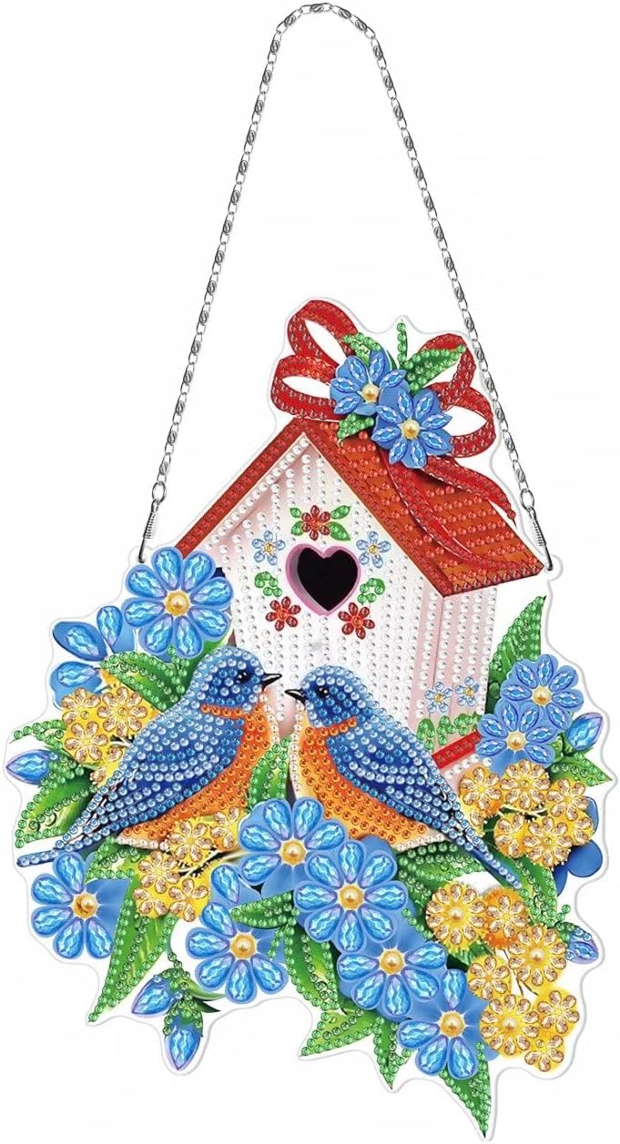 5D DIY Diamonds Painting Wreath Kits, Blue Flower House Bird Diamonds Garland Hanging Ornament, Mosaic Kits DIY Crafts Crystal Special Shaped Rhinestones for Xmas Wall Window Door Party Supplies Home