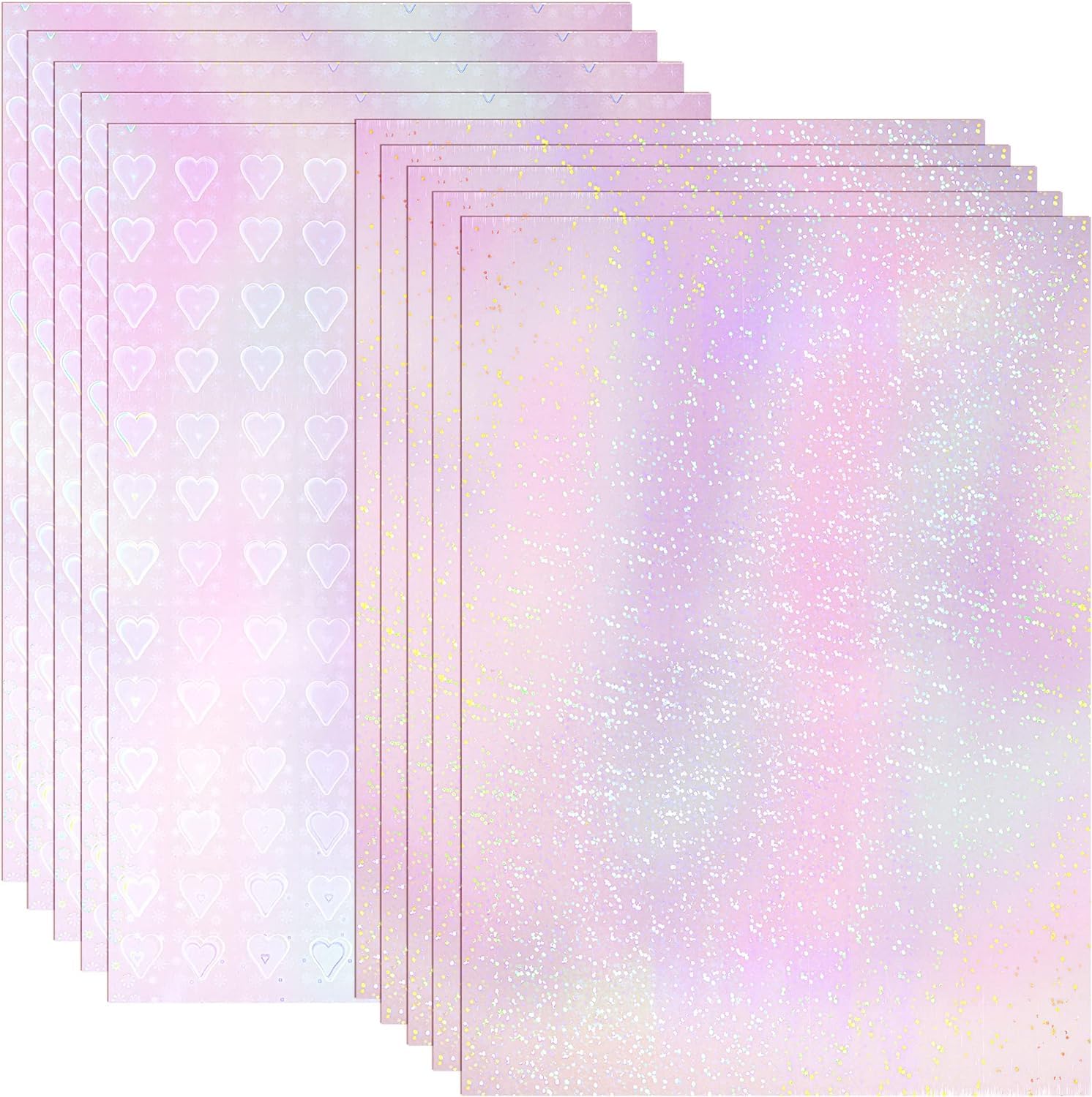 Belerry 10 Sheets Transparent Holographic Overlay Lamination Vinyl A4 Size Self-Adhesive Holographic Laminate Film Waterproof Vinyl Sticker Paper for Decoration, 2 Type, 8.25 x 11.7 Inches