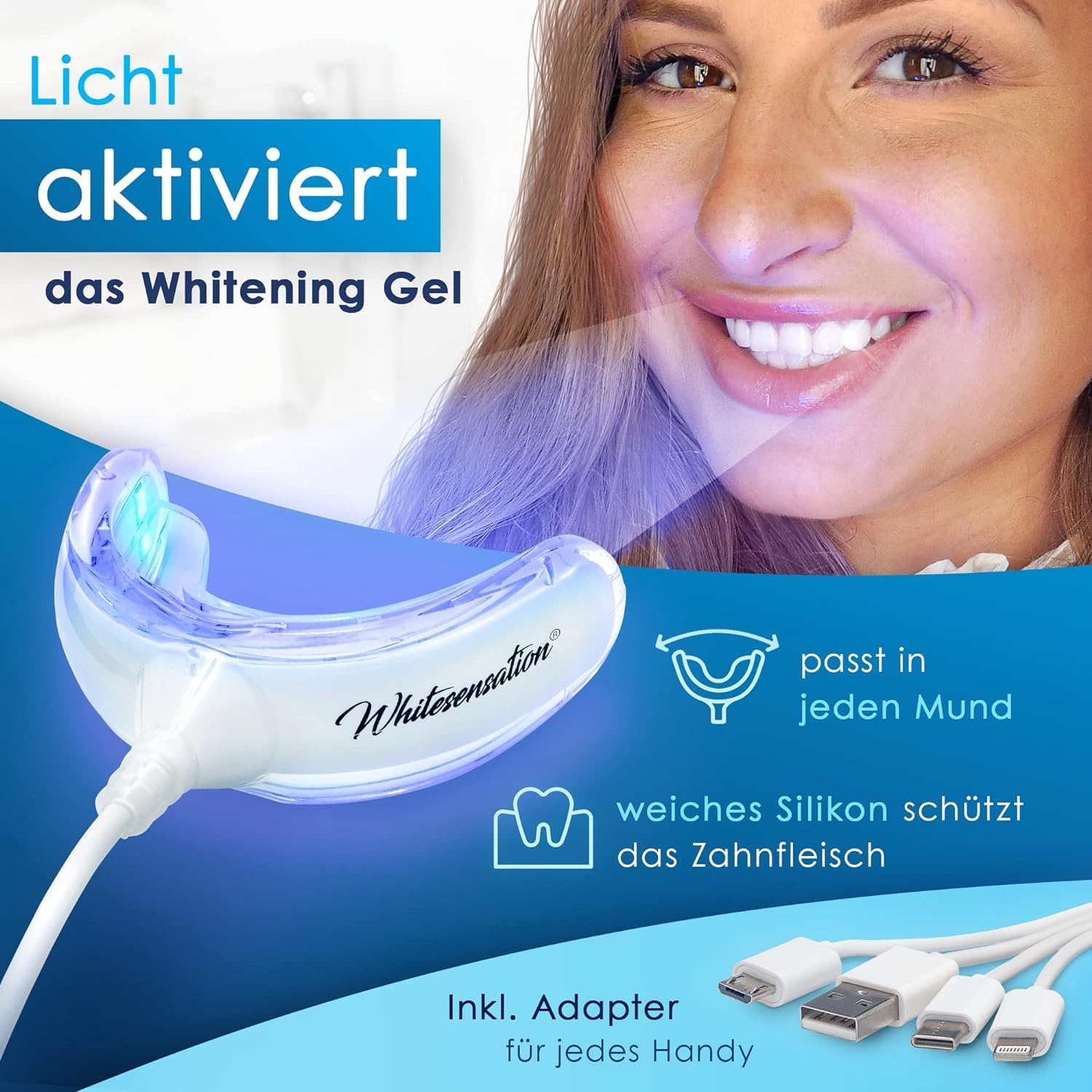 Whitesensation® Set di sbiancamento dei denti premium con guida a LED, penna gel e strisce [l'originale] – Sbiancare i denti per denti bianchi in 6 giorni – Sbiancamento dei denti e sbiancamento –