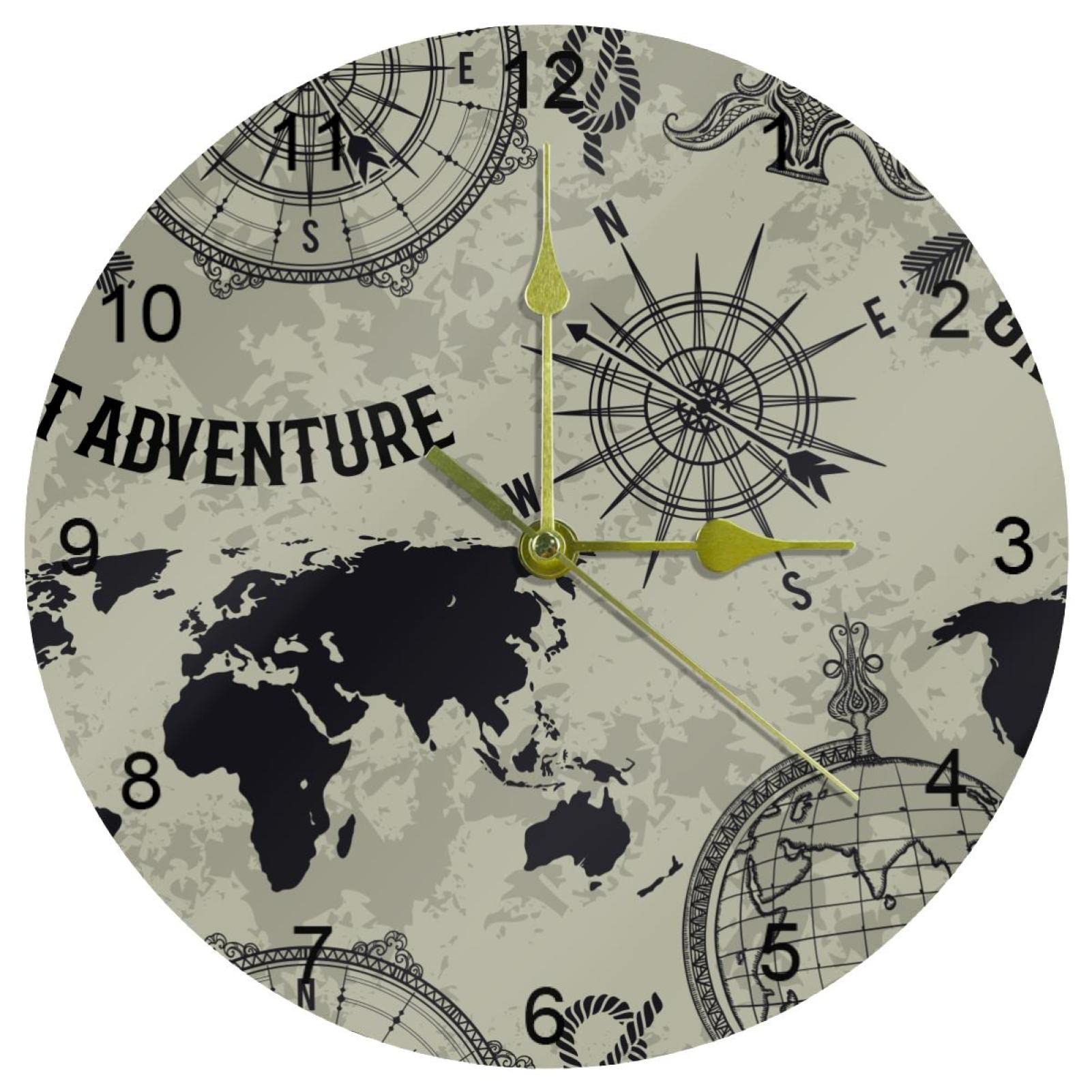 Horloge murale vintage boussole nautique 25cm silencieuse pour deco de cuisine