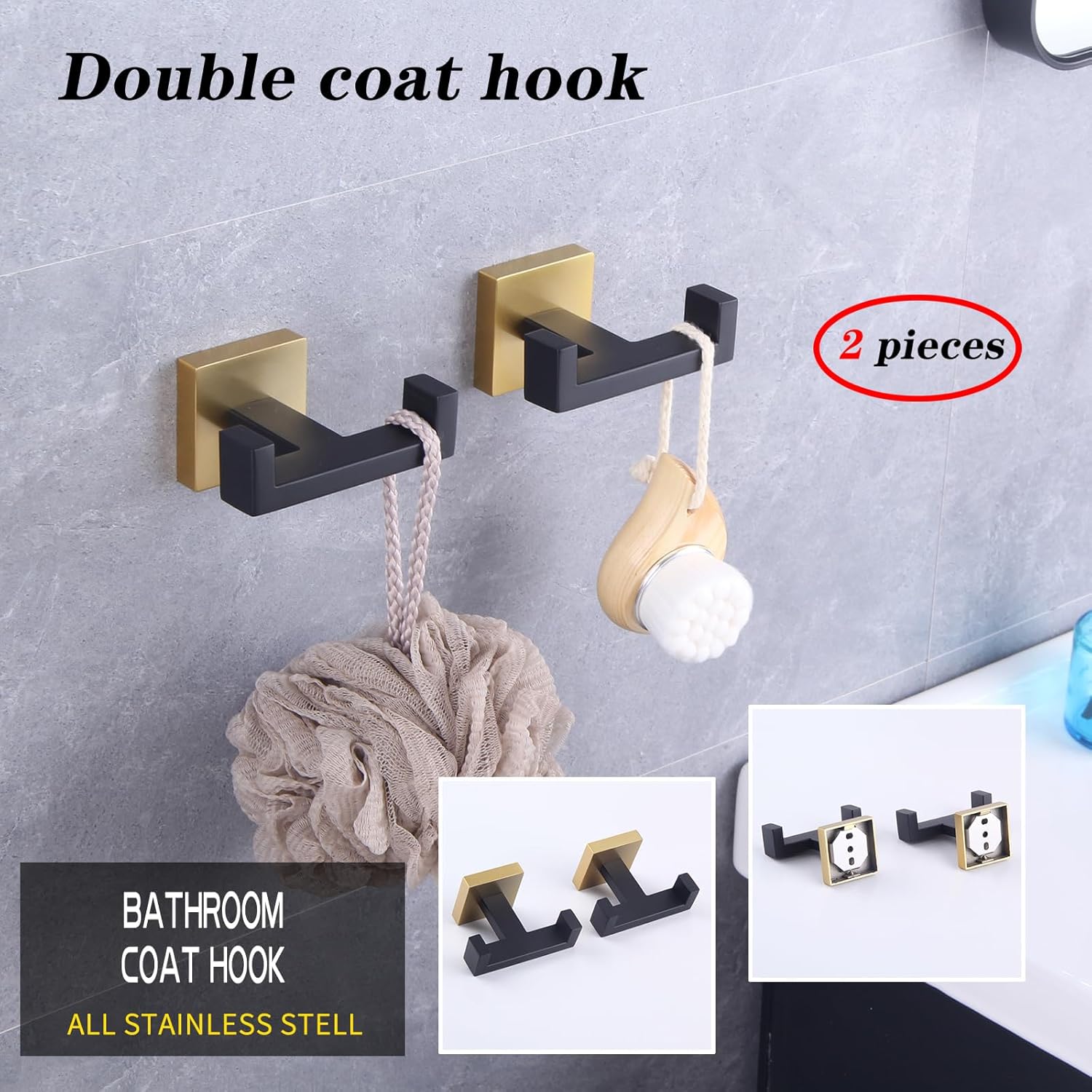 GERZWY Bathroom Hooks, Double Towel Robe/Coat Clothes Hook Stainless Steel Hanger Wall Hooks Heavy Duty for Bath Wall Mounted 2 Pack (Black & Gold) AG1417B-BD