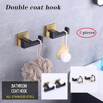 GERZWY Bathroom Hooks, Double Towel Robe/Coat Clothes Hook Stainless Steel Hanger Wall Hooks Heavy Duty for Bath Wall Mounted 2 Pack (Black & Gold) AG1417B-BD