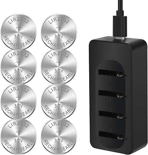 Miniatura 1 de TOPUSSE Batería recargable de 3.7 V 2032 con cargador, paquete de 8 baterías de botón LIR2032 de 50 mAh que puede reemplazar las baterías de litio