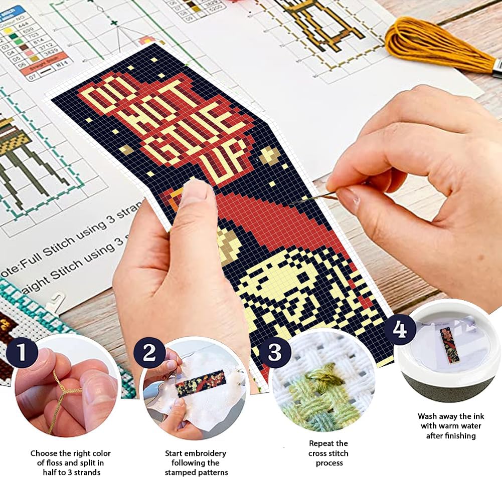 FREEBLOSS 6 Set Cross Stitch Bookmark Kits Retro Universe Pattern Stamped Cross Stitch Kit 11CT Embroidery Kit with Instructions for Beginners 20x6cm/8x2.4inch
