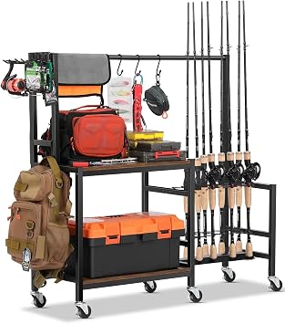 EXTCCT Fishing Rod Holder, Rolling 16 Pole Rack Cart for Garage, Brown