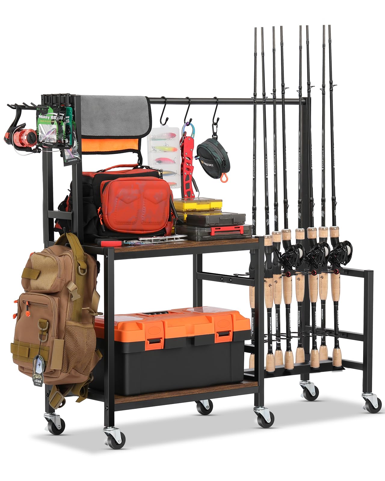 EXTCCT Fishing Rod Holder, Rolling 16 Pole Rack Cart for Garage, Brown | Heavy-duty fishing gear organizer with hooks. This mobile equipment storage is the perfect man's gift for any angler.