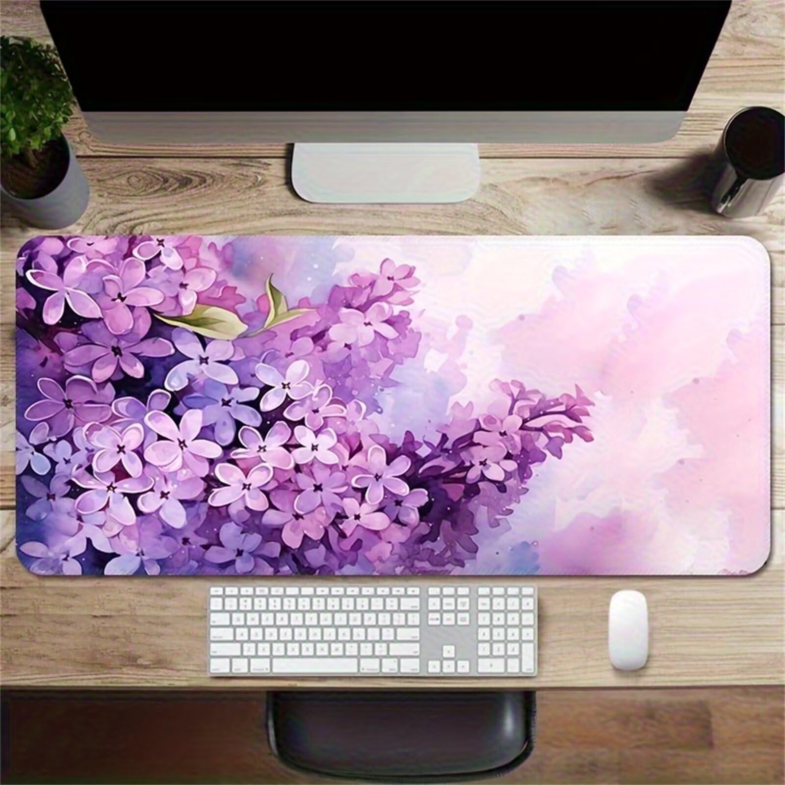 Grand Tapis de Souris de Jeu 1000x500x2 mm Mouse Pad Gaming Fleurs Violettes Tapis de Bureau Antidérapant avec Bords Cousus pour Bureau, Études, Gamer