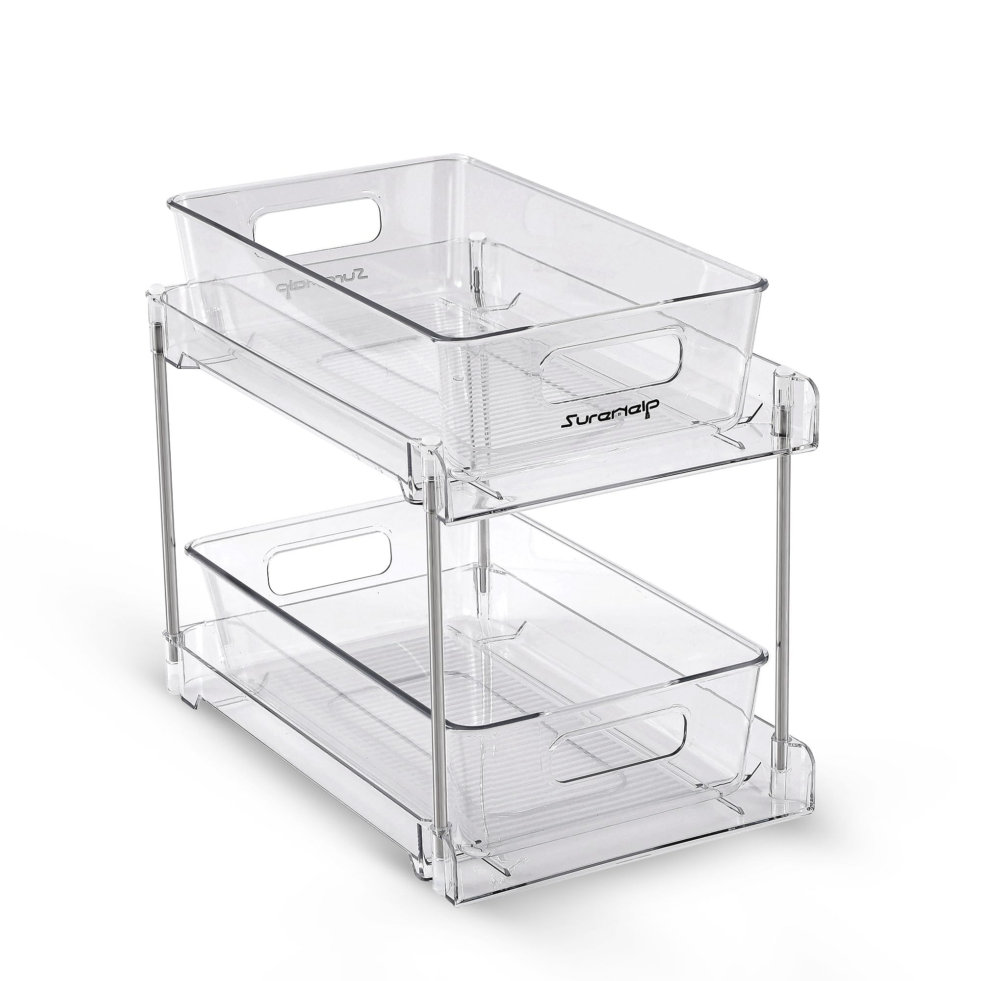 SureHelp™ 2 Tier Bathroom Storage Organizer | Multi- Purpose Pull-Out Organization with Track for Pantry, Kitchen | Clear Under Sink Organizers and Storage for Medicine Cabinet Drawers Bins and Vanity