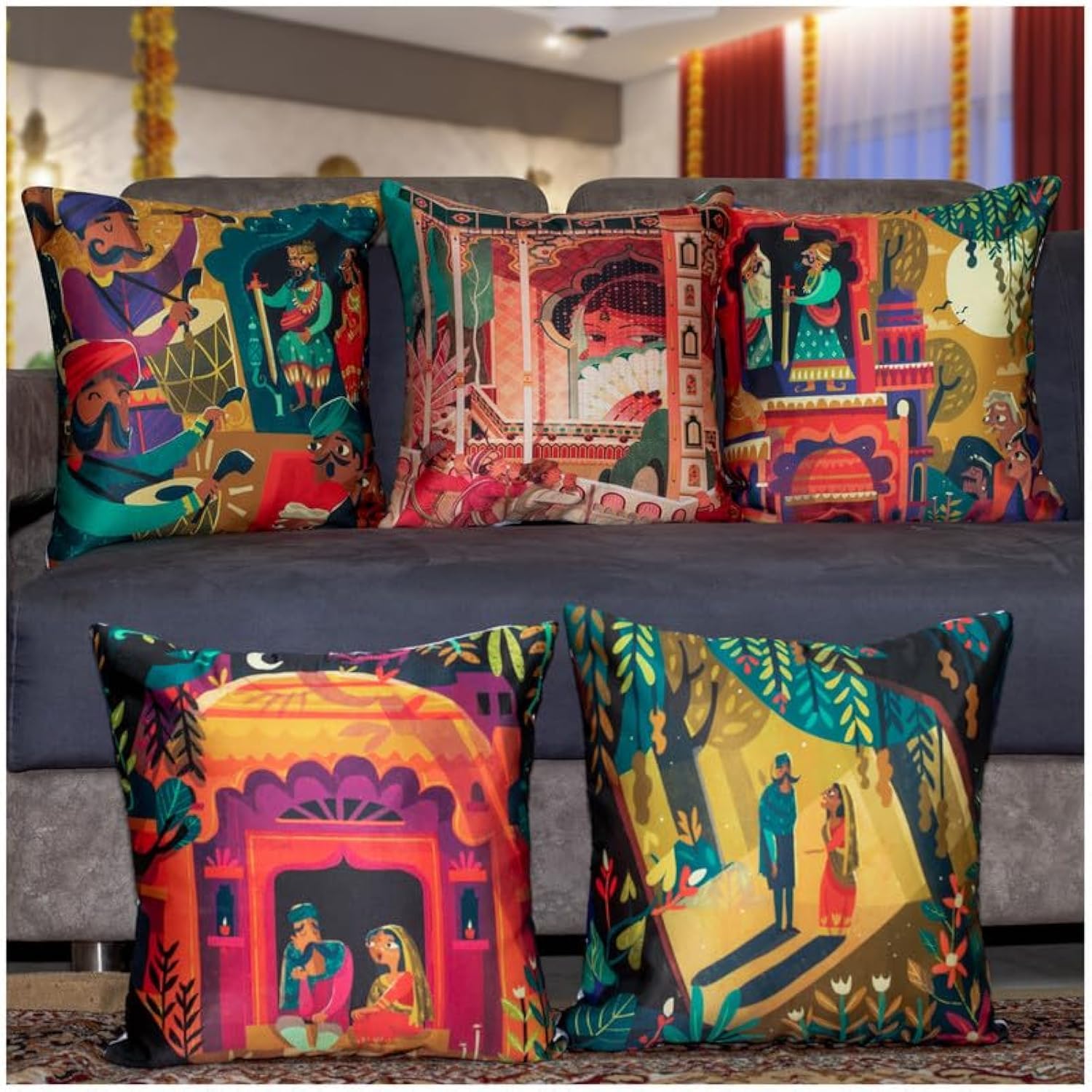 Decorative Satin Sofa Cushion Covers Set of 5, 16 inch x 16 inch, Sofa Pillow Cover, Ethnic Festive, Multicolor, Raja Rani Royal Design, Zipper Closure (Raja Rani, 16X16 Inches)