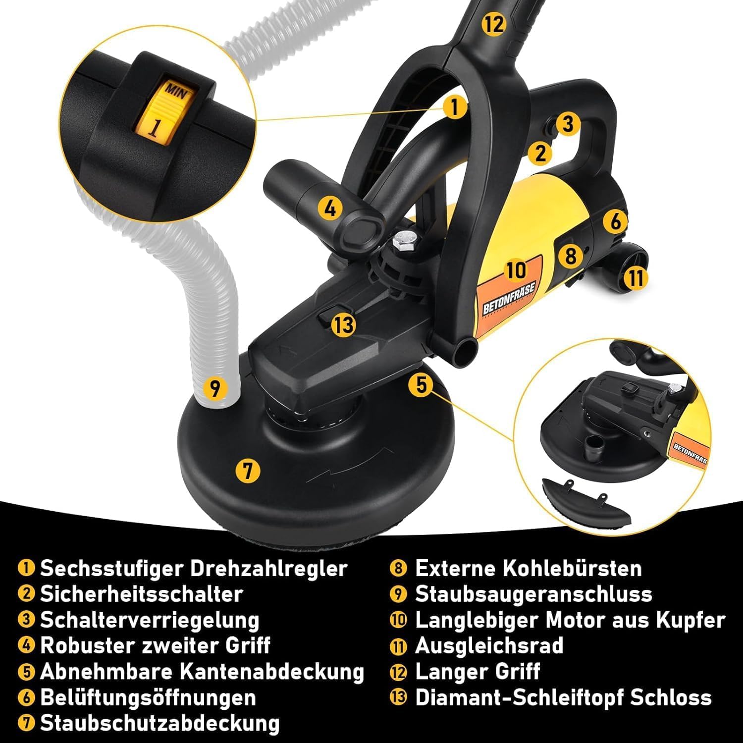 3800 W 6000 RPM - Lijadora de hormigón, motor potente, mango largo, diámetro de 180 mm, 6 marchas, fresadora de hormigón, fresadora de saneamiento, fresadora de limpieza con campana de extracción