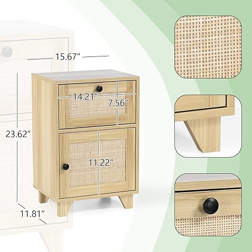 Miniatura 3 de Juego de 2 mesitas de noche mesa auxiliar con puertas decoradas de ratán hechas a mano mesa auxiliar moderna con cajón de almacenamiento de ratán y