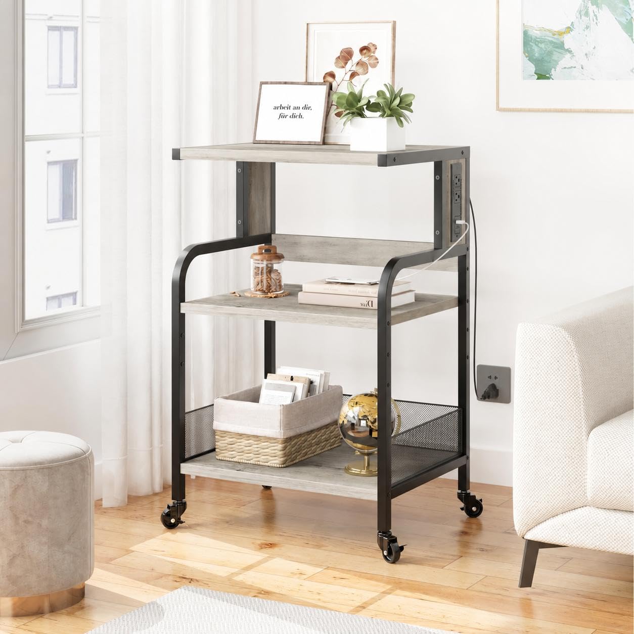 Druckertisch mit Rollen, Druckerständer aus Eisen & PB-Platte, stabiler Druckerwagen mit Ablagefläche 79x52x40 cm, mobiler Bürowagen für Drucker, Laptop, Ordner – für Büro, Homeoffice, Schule（Grau）