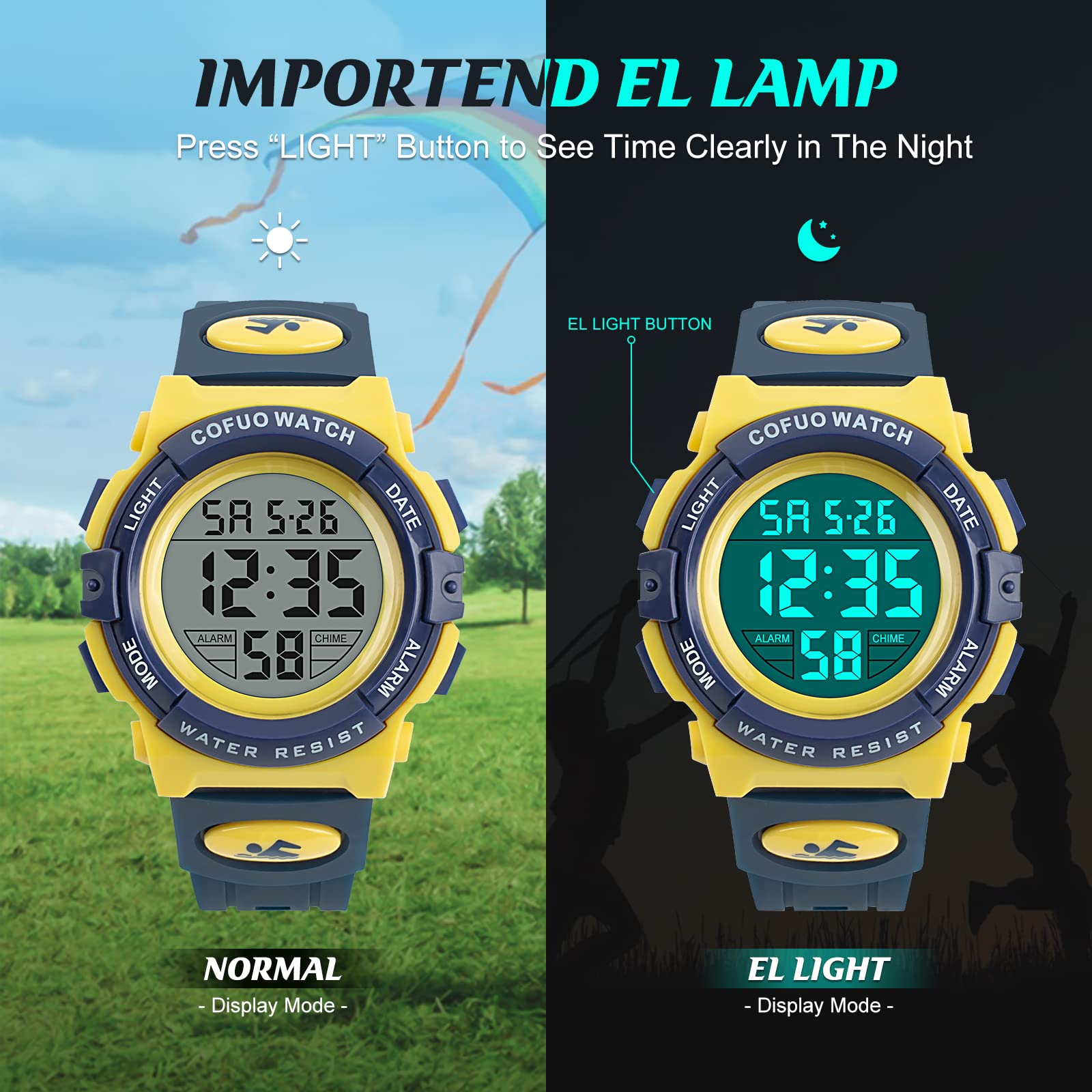 cofuo Orologio sportivo digitale per bambini e ragazzi, impermeabile, casual, elettronico, al quarzo, 7 LED colorati, con sveglia, cronometro, cinturino in silicone luminoso
