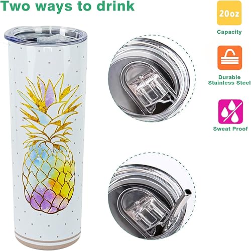 Miniatura 8 de Vaso de viaje tropical de 20 onzas con popote y tapa, diseño de piña hawaiana, regalo para mujer