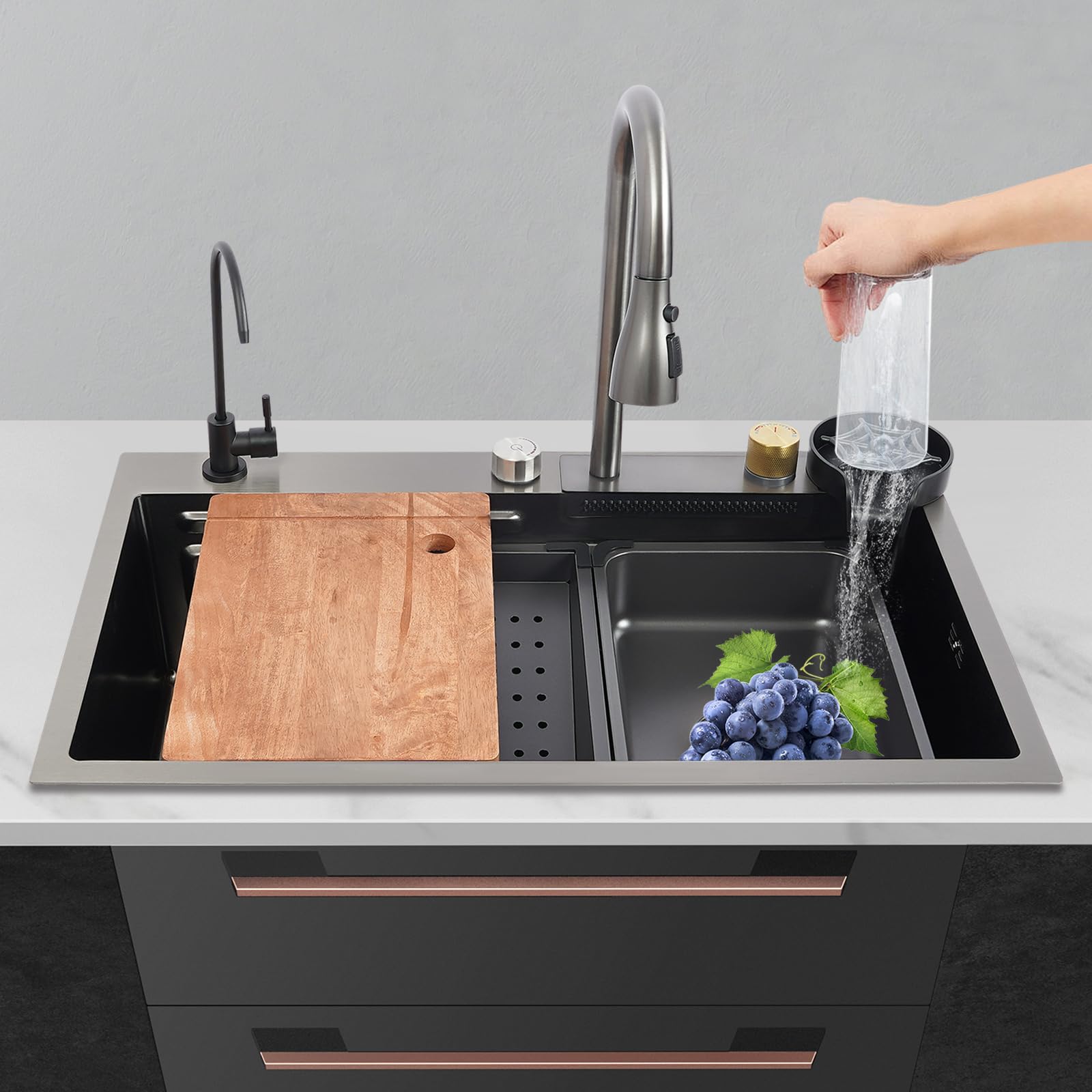 Lavello da cucina a cascata, grande 1 vasca, lavello singolo, nero in acciaio inox, con rubinetto estraibile, lavatrice per tazze (75 x 45 x 21 cm)