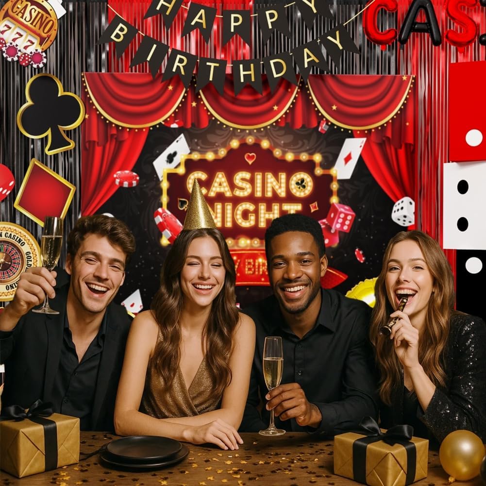 Casino Theme Party Decoration Las Vegas Birthday Party Dino Casino Night Poker Party Supplies Set for Adults Include Balloon Garland Kit, Casino Backdrop, Cake Toppers, Gold Curtain and Foil Balloons