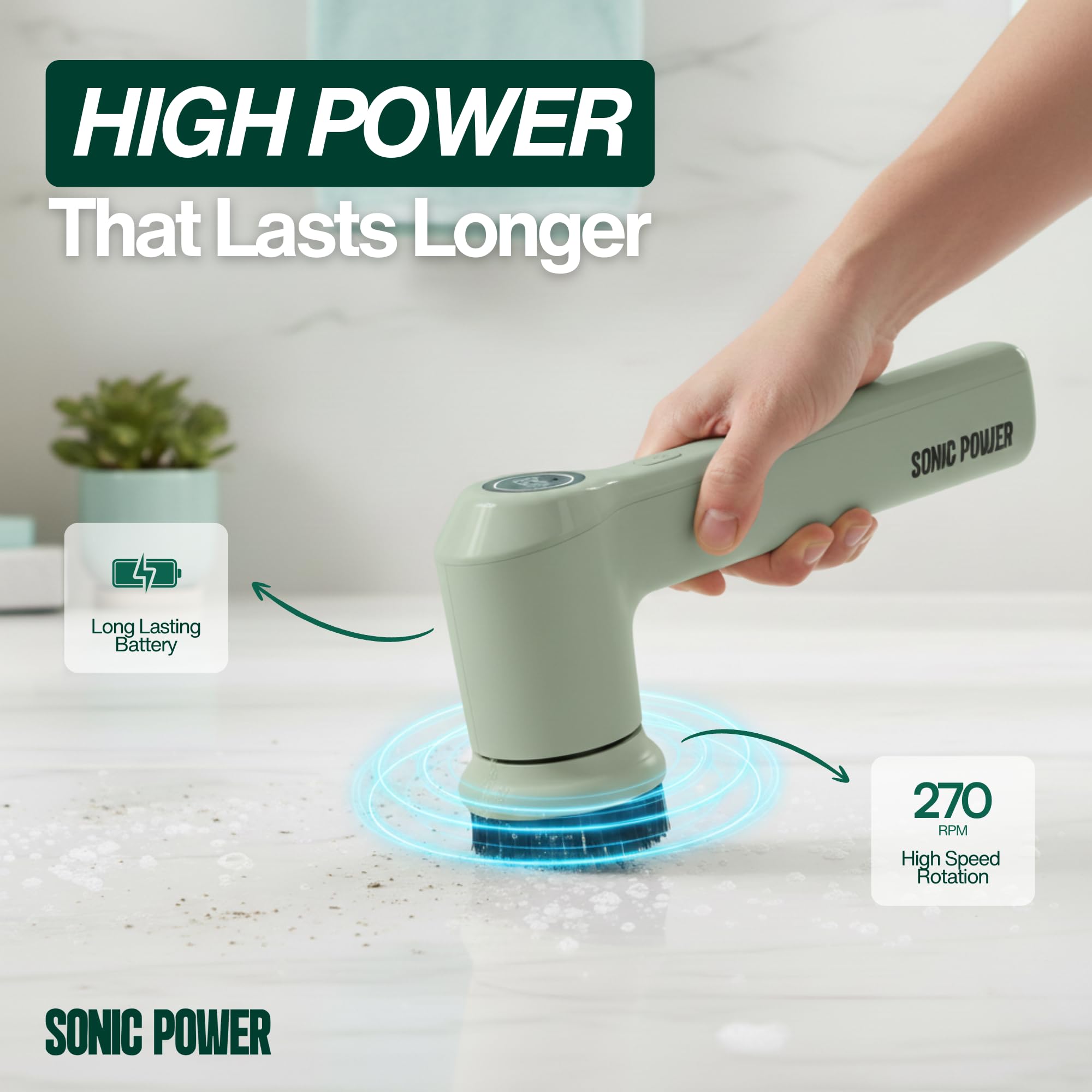 SonicPower Limpiador giratorio eléctrico, de mano y ergonómico, impermeable IPx7, 4 accesorios multiusos incluidos, batería recargable de larga duración (salvia)