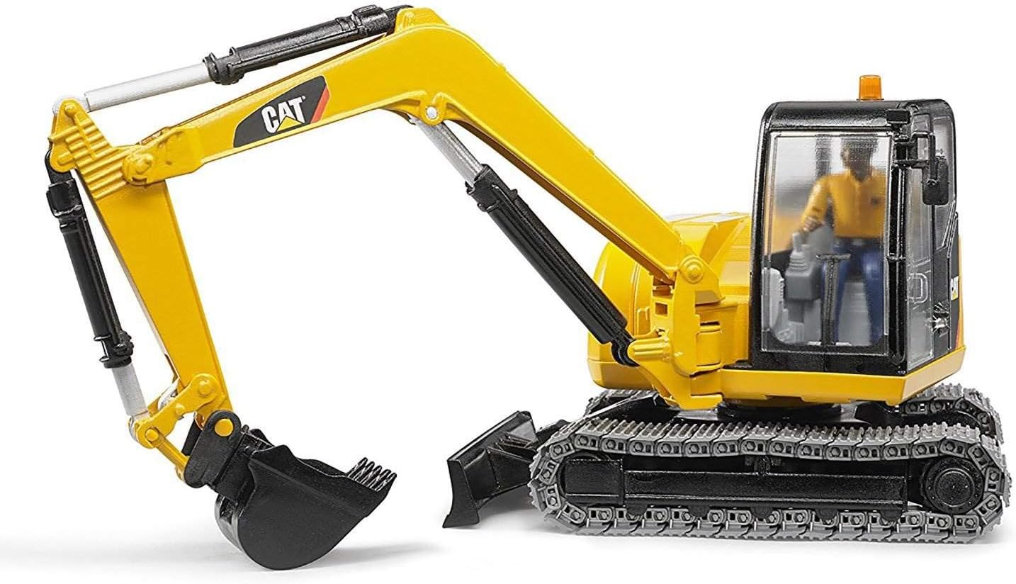 Bruder CAT Mini Excavator Construction Digger Toy with Worker, 1:16 Scale, Realistic Working Parts