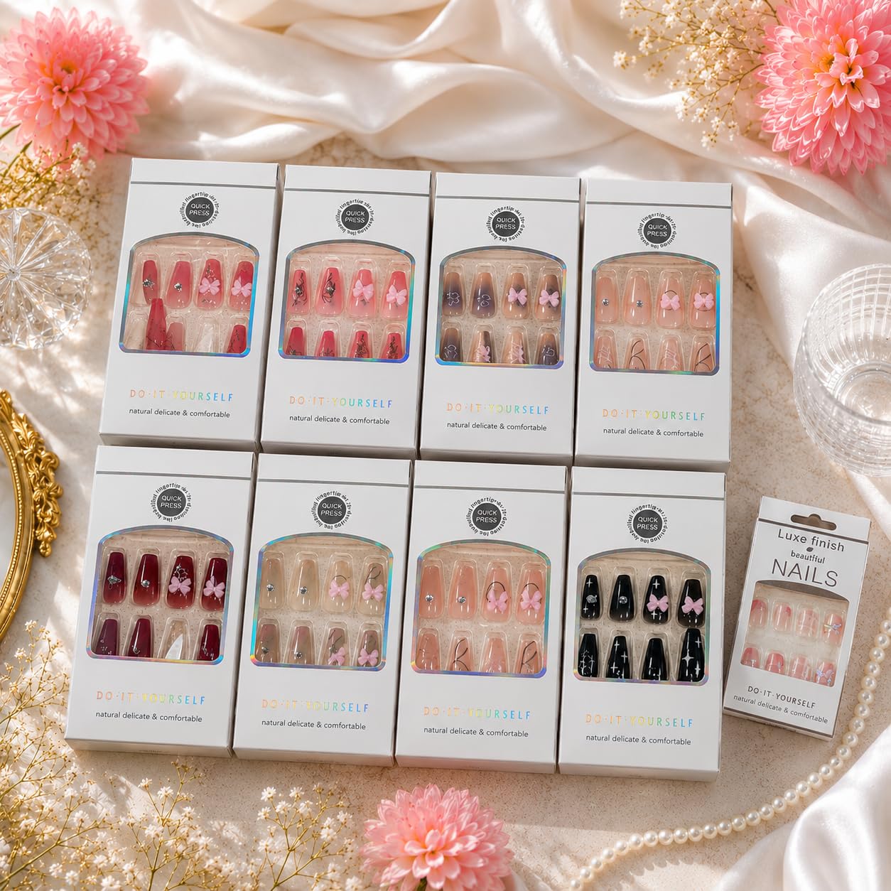 ANN HASH Luxe Finish Press-On Nails DIY Kit, Coffin Shape with 3D Bows, Stone, Chrome, Pearls Designs (MULTI PACK OF 1)-image-37