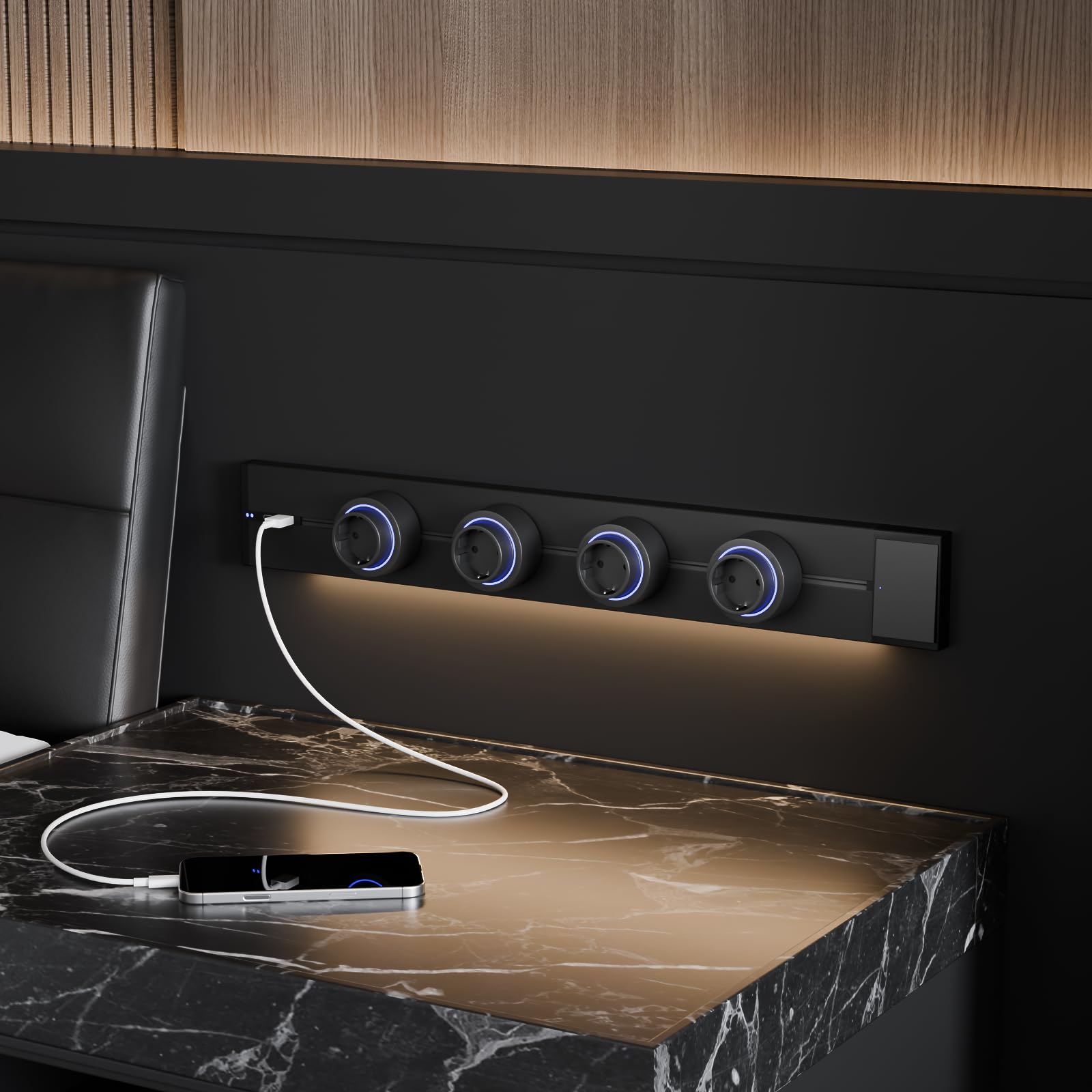 CNBINGO Steckdosenleiste Wandmontage,Stromschiene mit USB Ports Schwarz | Steckdosenschiene mit Schalter,Mehrfachsteckdose mit 4 Steckdosen Adaptern,Aufputz Steckdose für Küche, Büro, Werkstatt