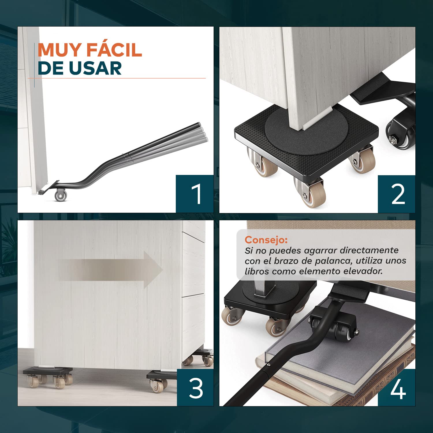 El Innovador Elevador de Muebles para Muebles Pesados de FAIRMO - 4 Ruedas Muebles y 1 Elevador de Carga (Incl. Almohadillas Antideslizantes) - Ruedas para Mover Muebles Pesados facilmente de TPE