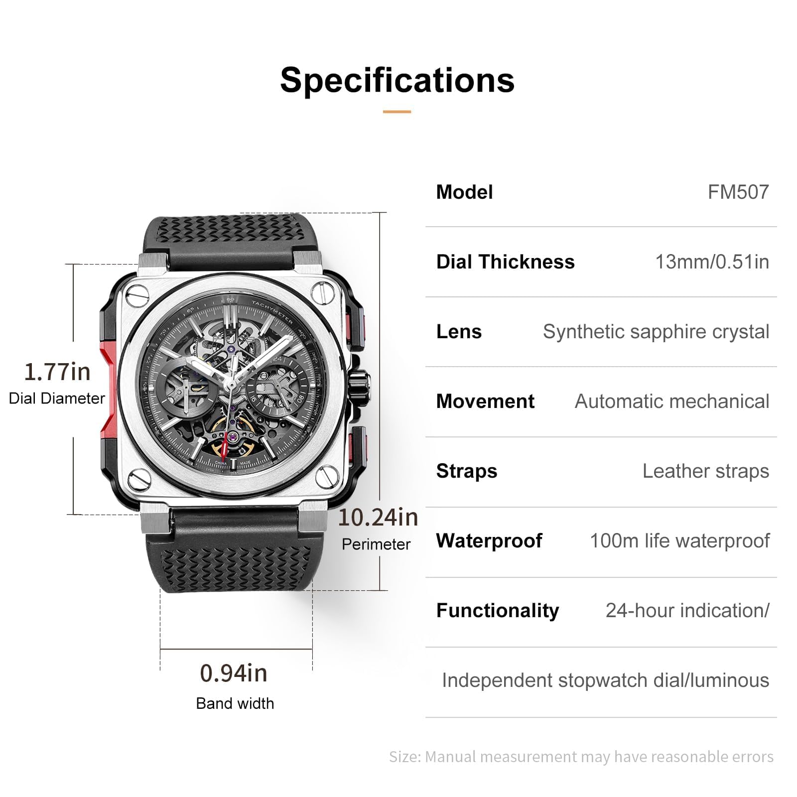 FEICE FM507 Orologio da polso automatico da uomo con scheletro automatico e calendario meccanico, orologio da polso quadrato sportivo, orologio luminoso impermeabile 10 ATM, sport