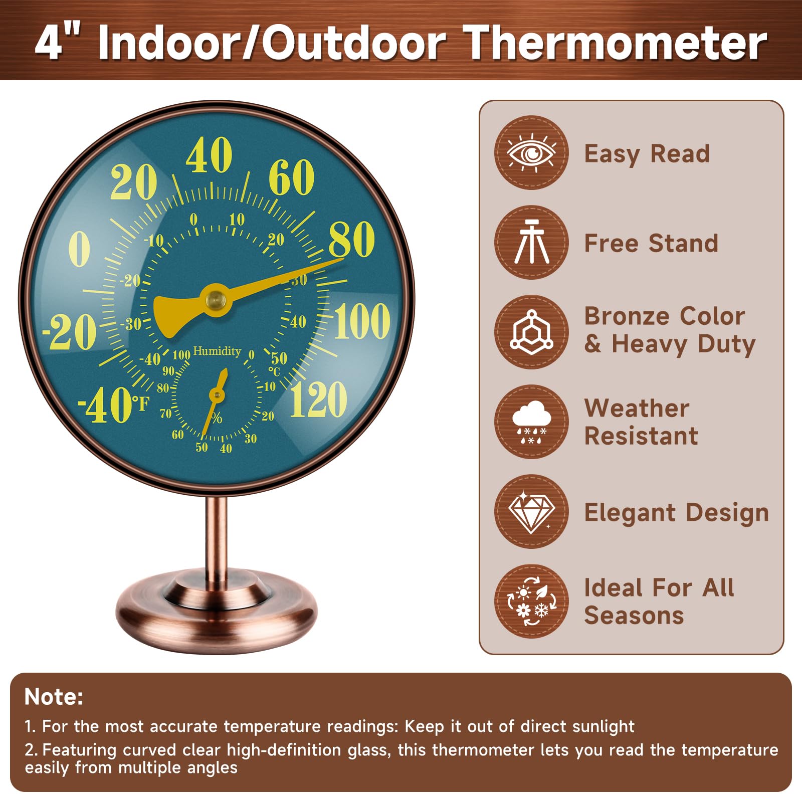 Termómetro para exteriores de 4 pulgadas y medidor de humedad, termómetro analógico de latón con esfera grande azul y verde, Fahrenheit/Celsius, impermeable para patio, jardín, pared interior o