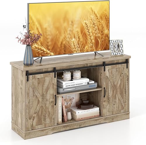 Tangkula Soporte de TV con puerta corrediza de granero para televisores de hasta 65 pulgadas, centro de entretenimiento de granja con estantes