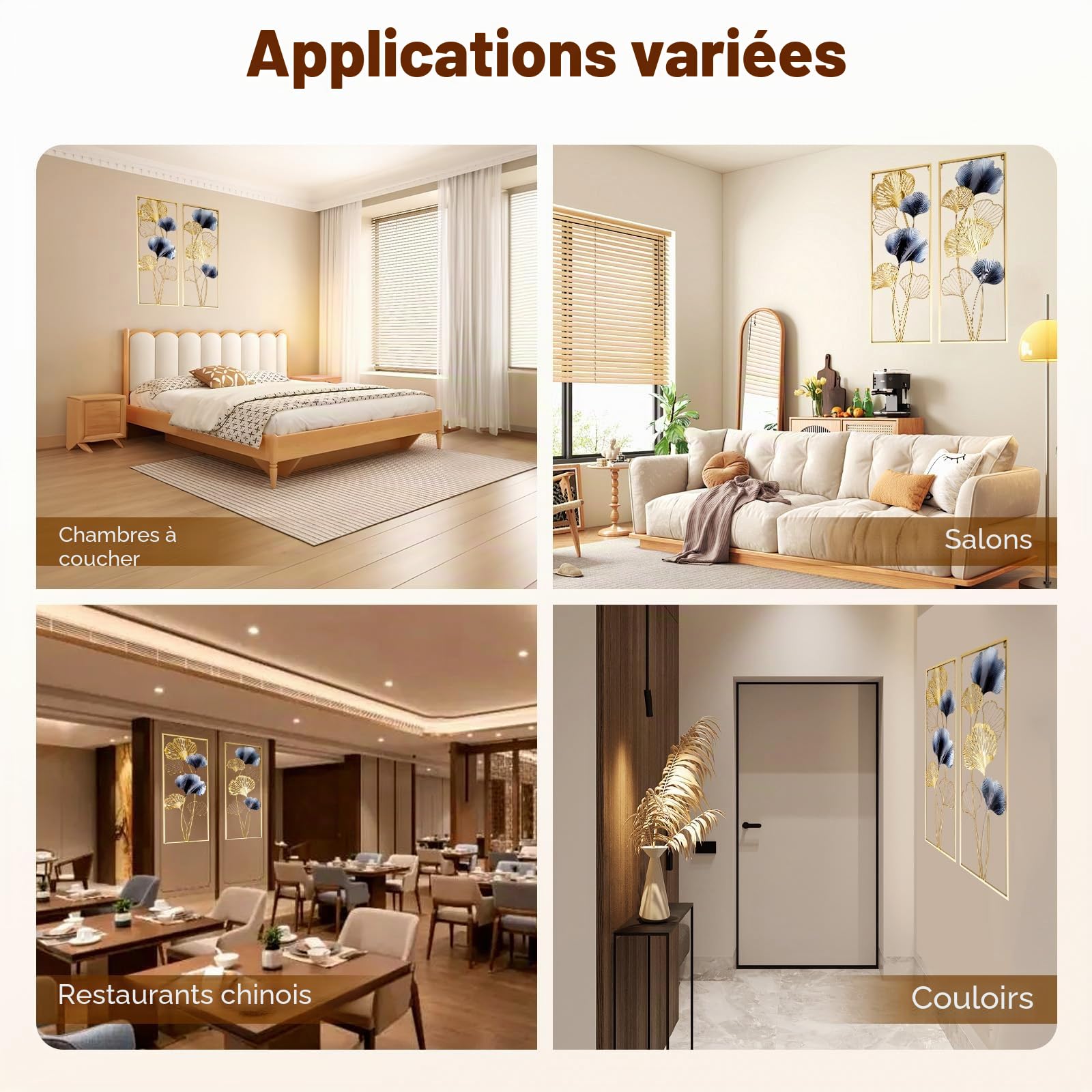 Biggittig Lot de 2 décorations murales 3D en métal - Motif feuilles de ginkgo - Pour la maison, la chambre à coucher, le bureau, etc - Doré - 85 x 31 x 5 cm