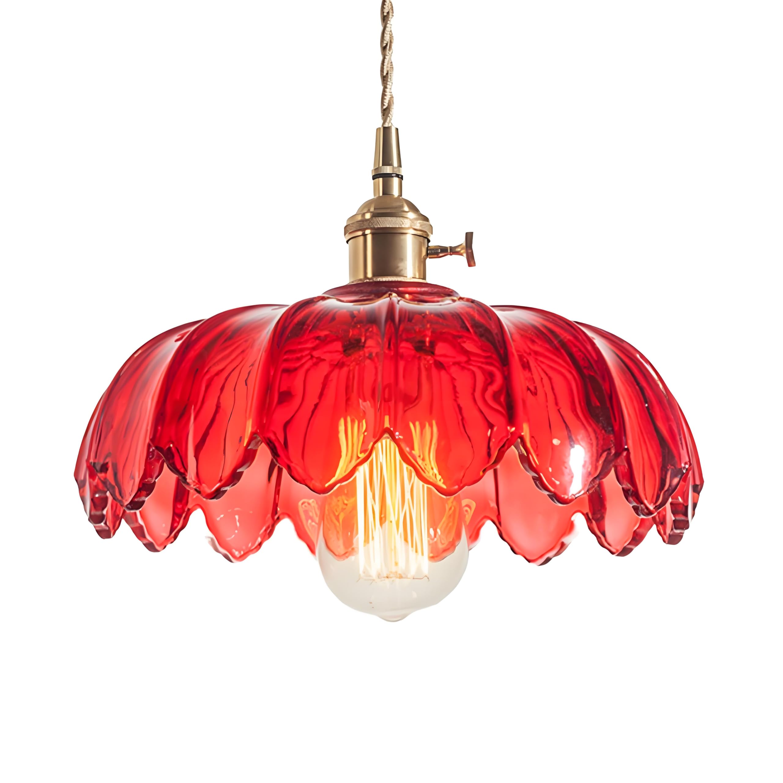 Nicrx Red 25Cm Industrial Vintage Pendant Lighting Fixture Glass Lotus Lamp Shade Pendant Light Chandelier E27 Brass Finish Ceiling Hanging Lamp (Red)