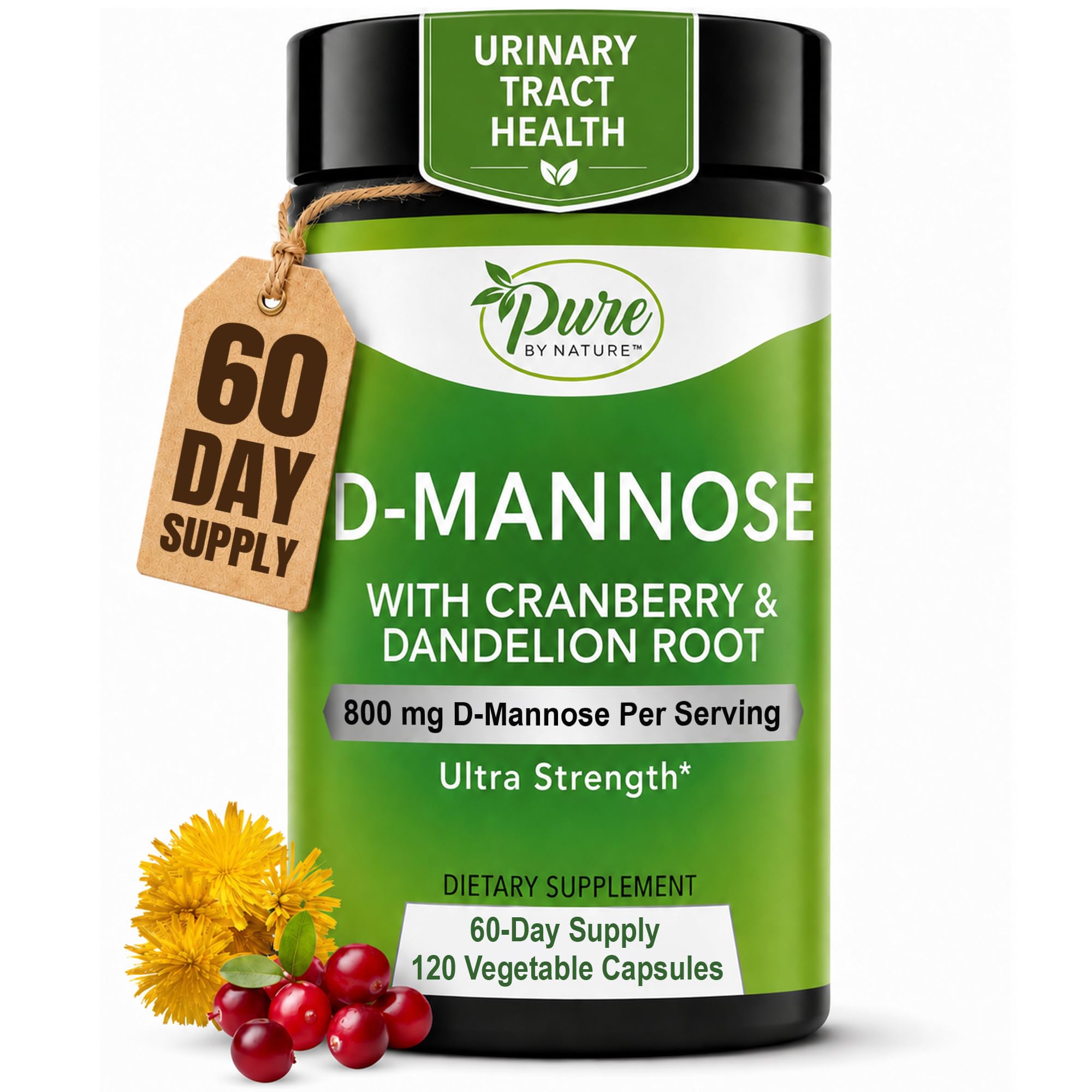 Pure By Nature Suplemento para saúde urinária com D-manose, cranberry e dente-de-leão 800 mg, 120 cápsulas