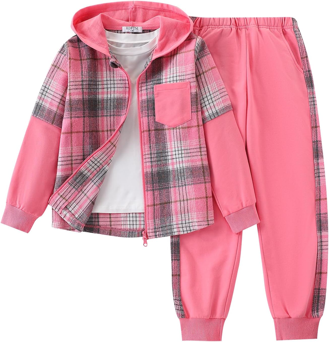 2Pcs Girls Clothes Zip Up Plaid Flannel Hoodie Shirts and Jogger Sweatpants for Kids Fall Winter Spring Outfits