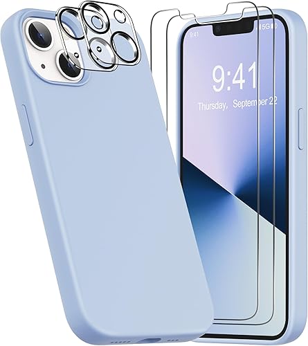 YATWIN Funda 5 en 1 diseñada para iPhone 13 con 2 protectores de pantalla + 2 protectores de lente de cámara, silicona líquida, delgada, de goma