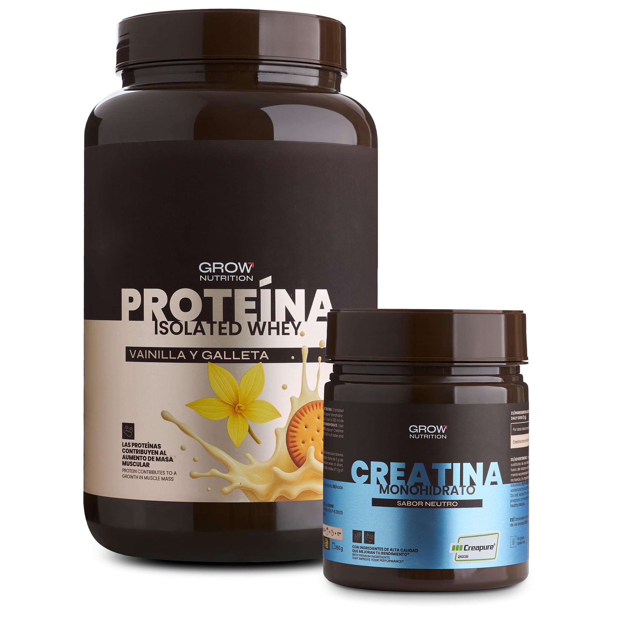 Grow Wellness Lote Proteína Aislada Vainilla y Galletas 1 kg + Creatina Monohidrato Creapure 250 g | Whey Isolate CFM y Creatina Neutra