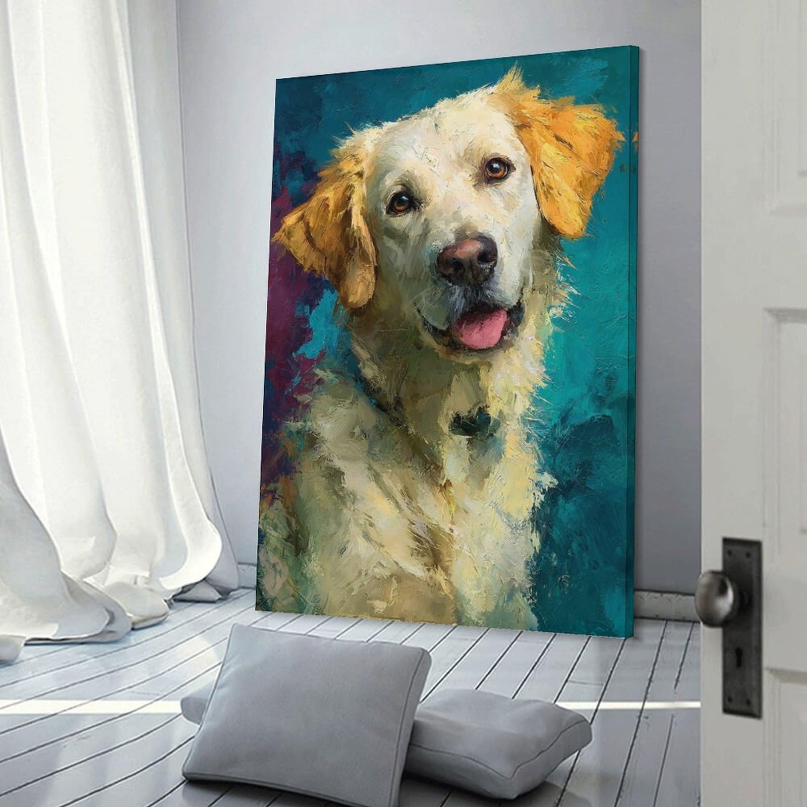Junmoney Hanging Wall Art Golden Retriever Portrait Painting, 24x36inch(60x90cm), for Work Areas, Reading Rooms Or Studios, Wall Art That Adds Style to Work Areas