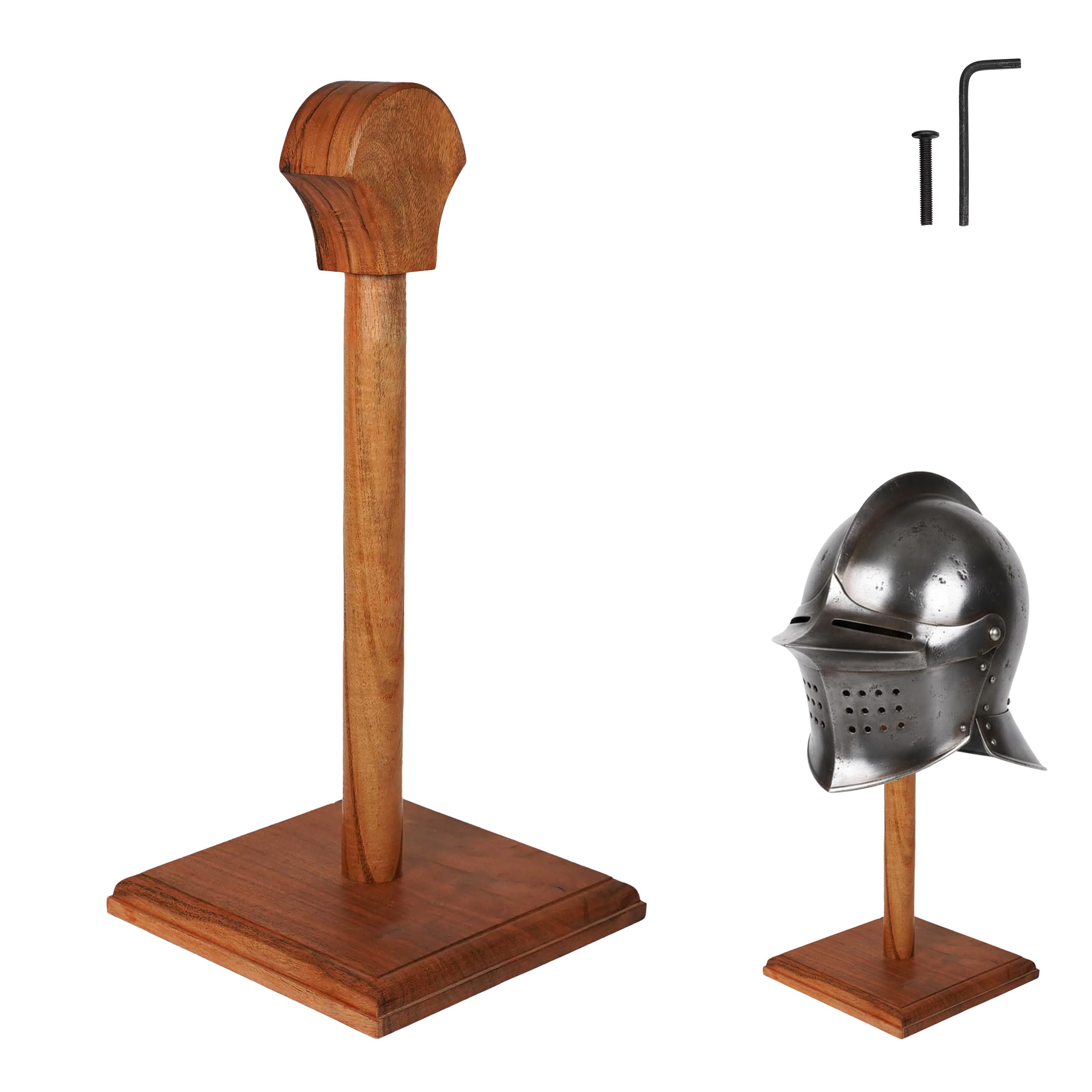Mythrojan Wooden Helmet Stand Solid Medieval Roman Viking Helmet Display Stand Mask Display Templar Spartan Cosplay LARP Knight Stand Vintage Home Décor Gift, Natural - 16 Inches