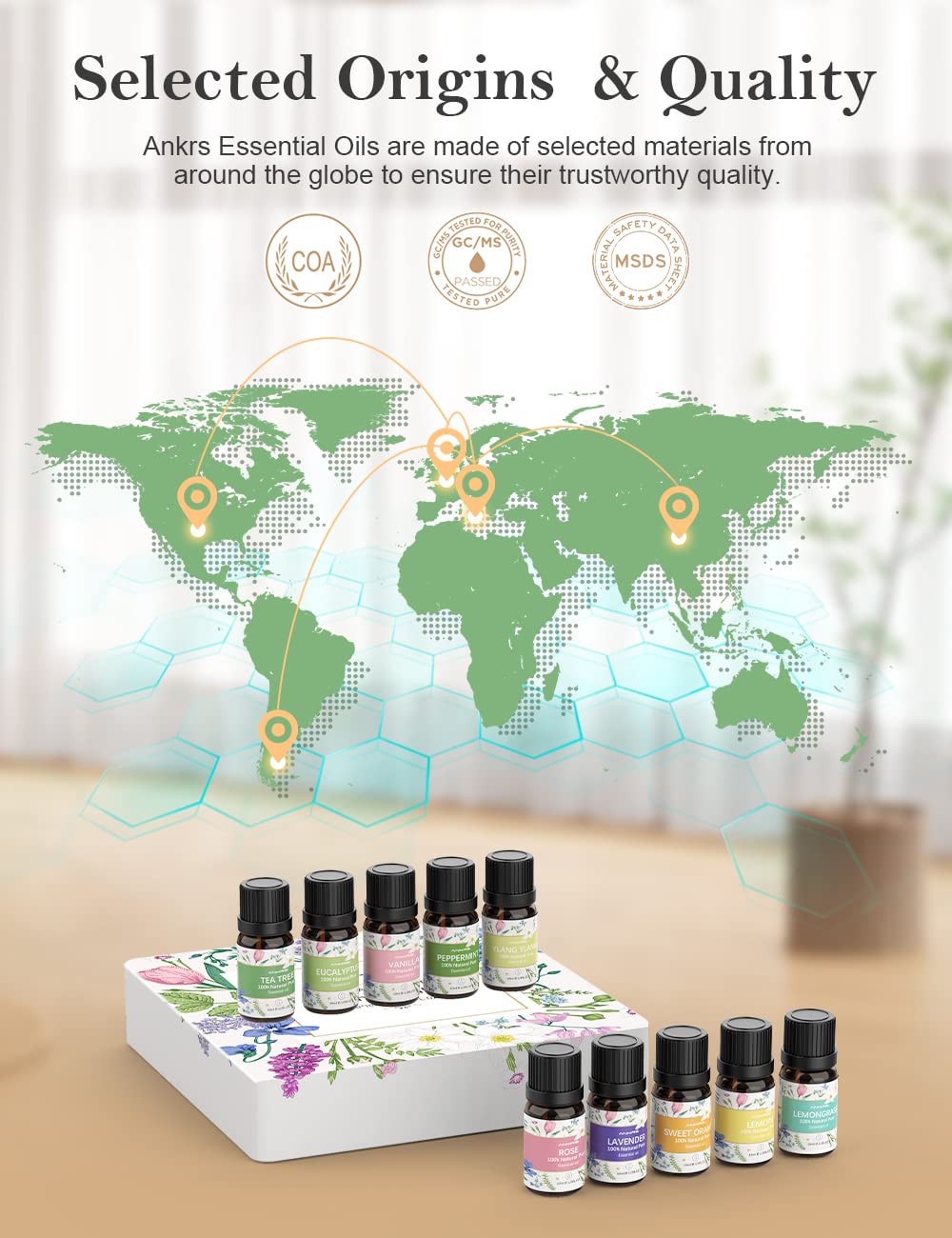 Set d'Huiles Essentielles 10x10ml 100% Naturelles pour Diffuseur d'Aromathérapie - Tea Tree Oil, Eucalyptus, Peppermint, Lemon, Orange, Lemongrass, Lavender, Rose, Ylang-Ylang, Vanilla