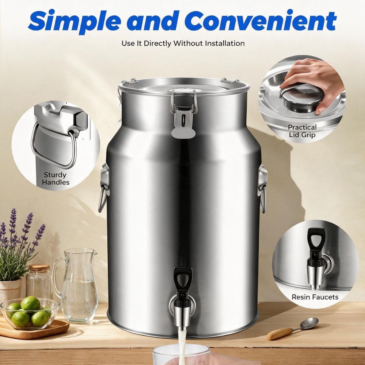 5L Lechera Acero Inoxidable 201 con Grifo Tapa Sellada Transporte Leche | Bidón de Leche 5-100L Acero Inoxidable Cubo para Vino Aceite Almacenar Líquidos Sólidos con Asa(No Spigot,24L)