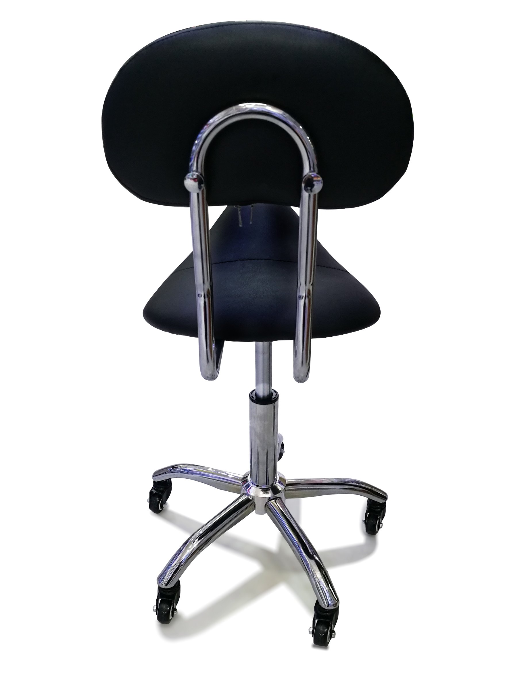 Taburete de Peluquería, Silla de Peluquería, Asiento de Material Cuero Sintético y Diseño Ergonómico, Altura Regulable, Giratorio 360º y Base Estable con 5 Rueditas, Color Negro