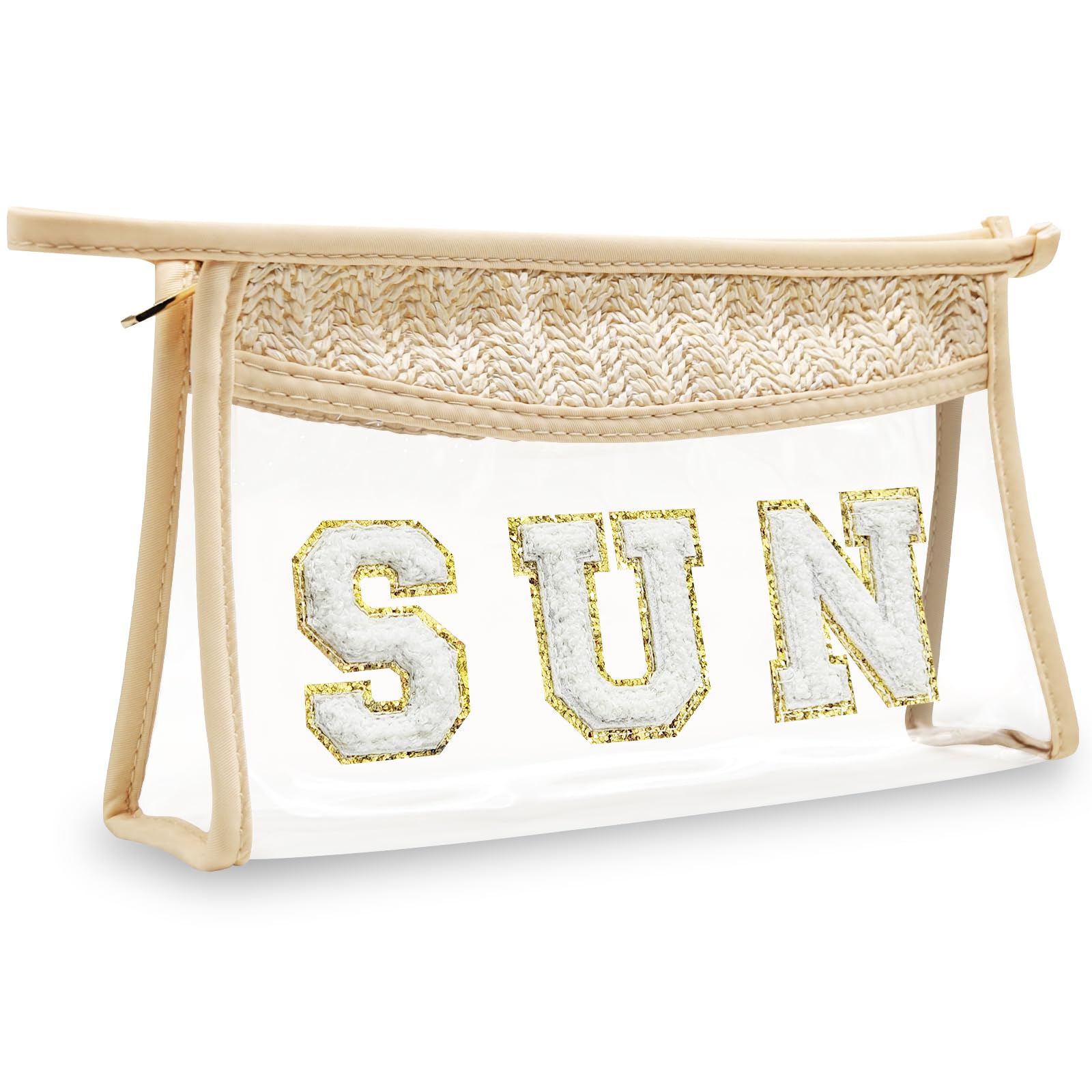 LSxia Boho Hand-woven Makeup Bag, Chenille Letter Patch Clear Travel Pouch, Rattan Straw Bag Clear Cosmetic Sunscreen Bags, Women Summer Retro Travel