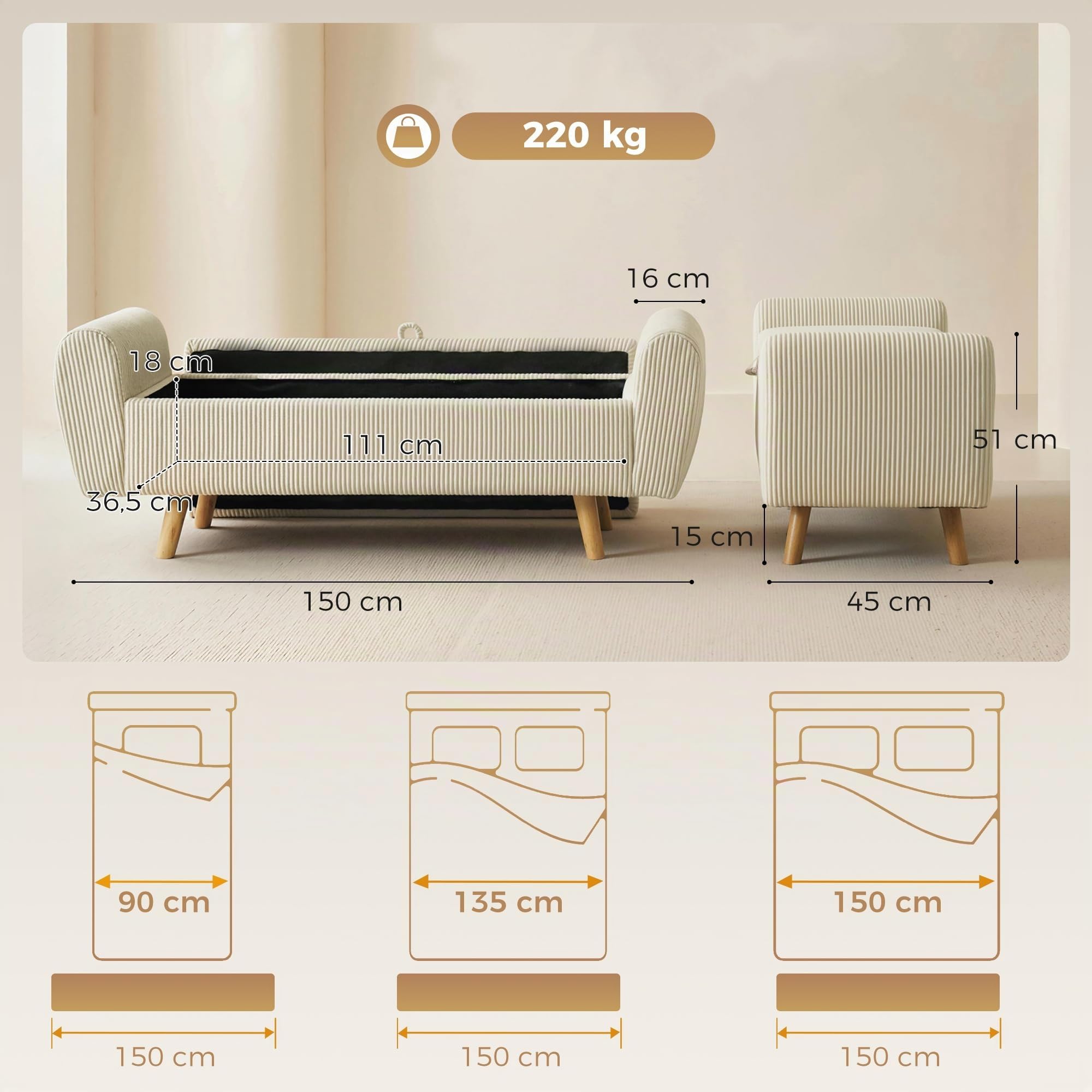 HOMCOM Banco Almacenaje 150 cm Puff Almacenaje Tapizado en Pana Beige | Banco Pie de Cama, Brazos Redondeados, Patas de Madera, Otomana para Dormitorio, Salón, Recibidor