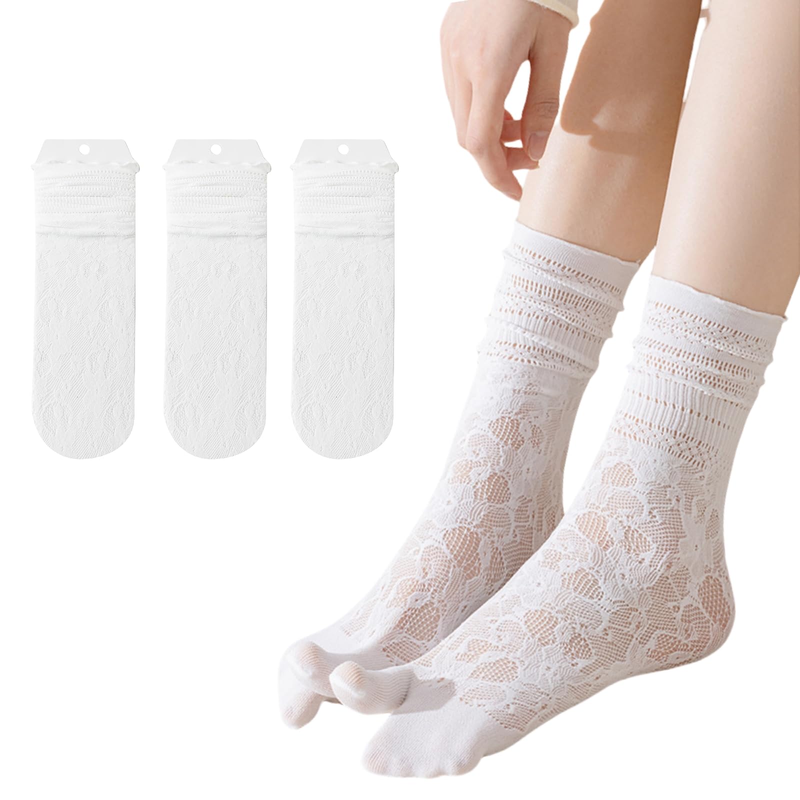 Hybursky Women's White Tabi Flip Flop Socks For 3 Pairs Cotton Japanese Split Toe Socks Hollow Out Cute Casual Ruffle Frilly Calf Sock(White)