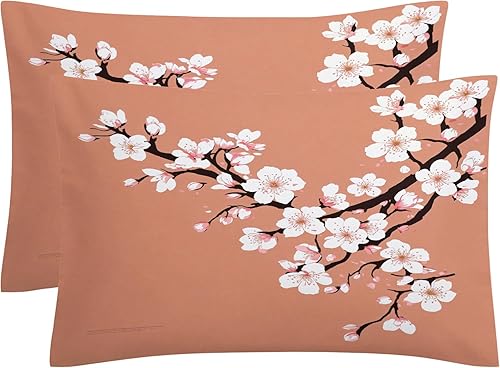 Miniatura 2 de OmErsa Juego de funda de edredón con diseño de flores de cerezo tamaño individual, juego de ropa de cama chino japonés de 3 piezas, funda de edredón