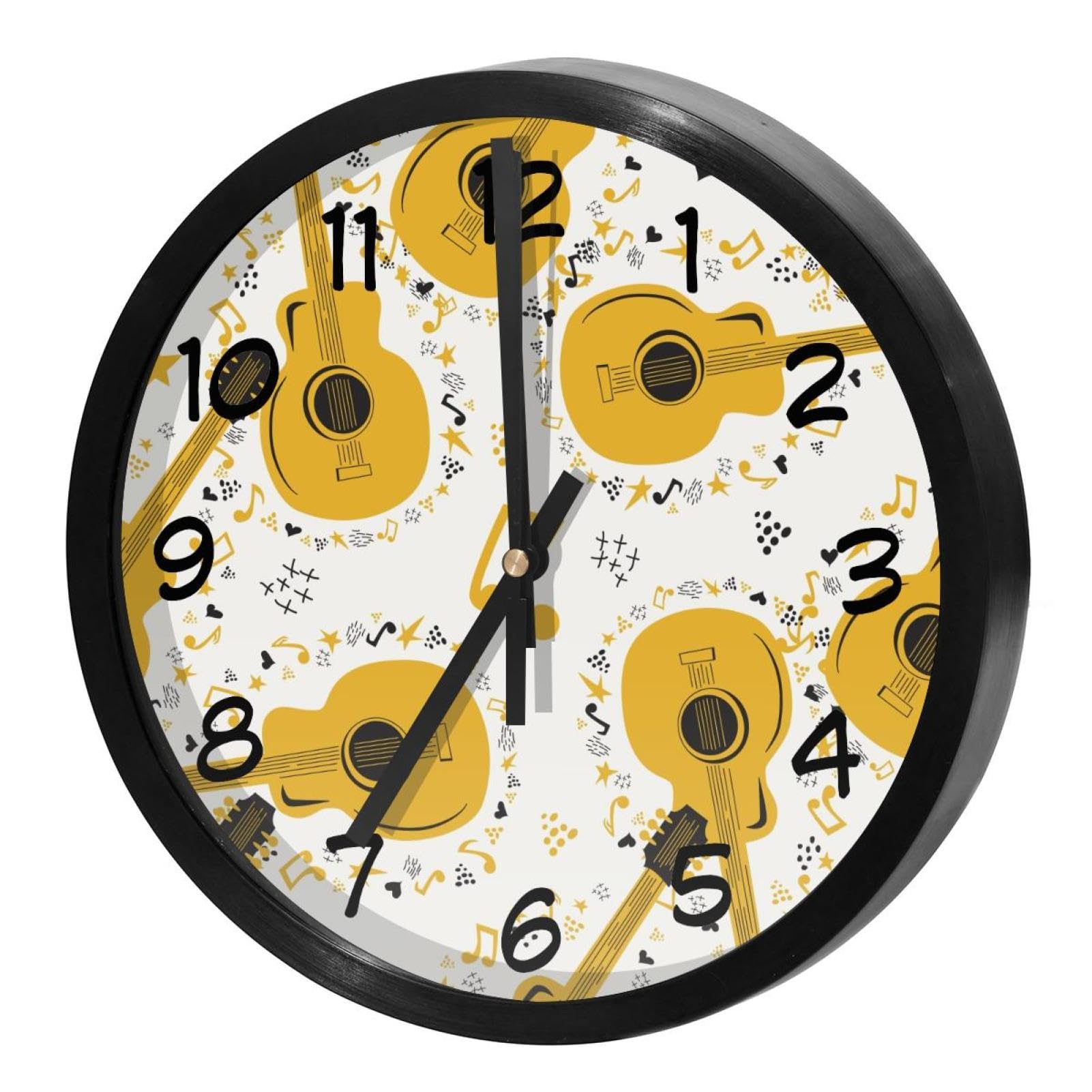 Horloge murale silencieuse anti tic-tac pour chambre et école motif guitare à quartz ronde