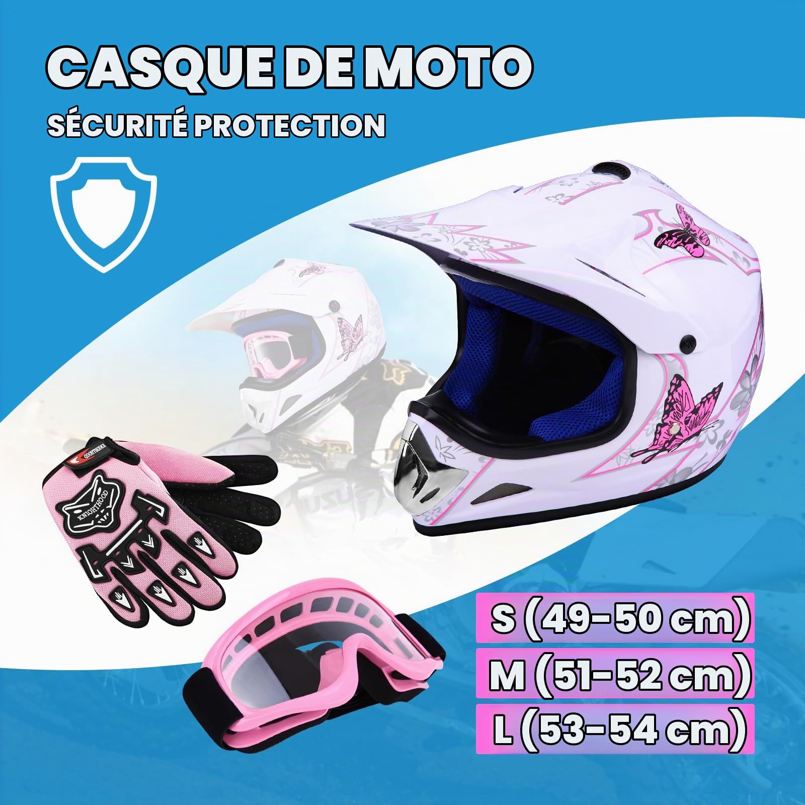 Samger Dot Enfant Casque Hors-Route Casque Motocross Dirt Bike Casque de Moto avec Gants+Lunettes(Blanc,L) | Dirt Bike Casque de Moto