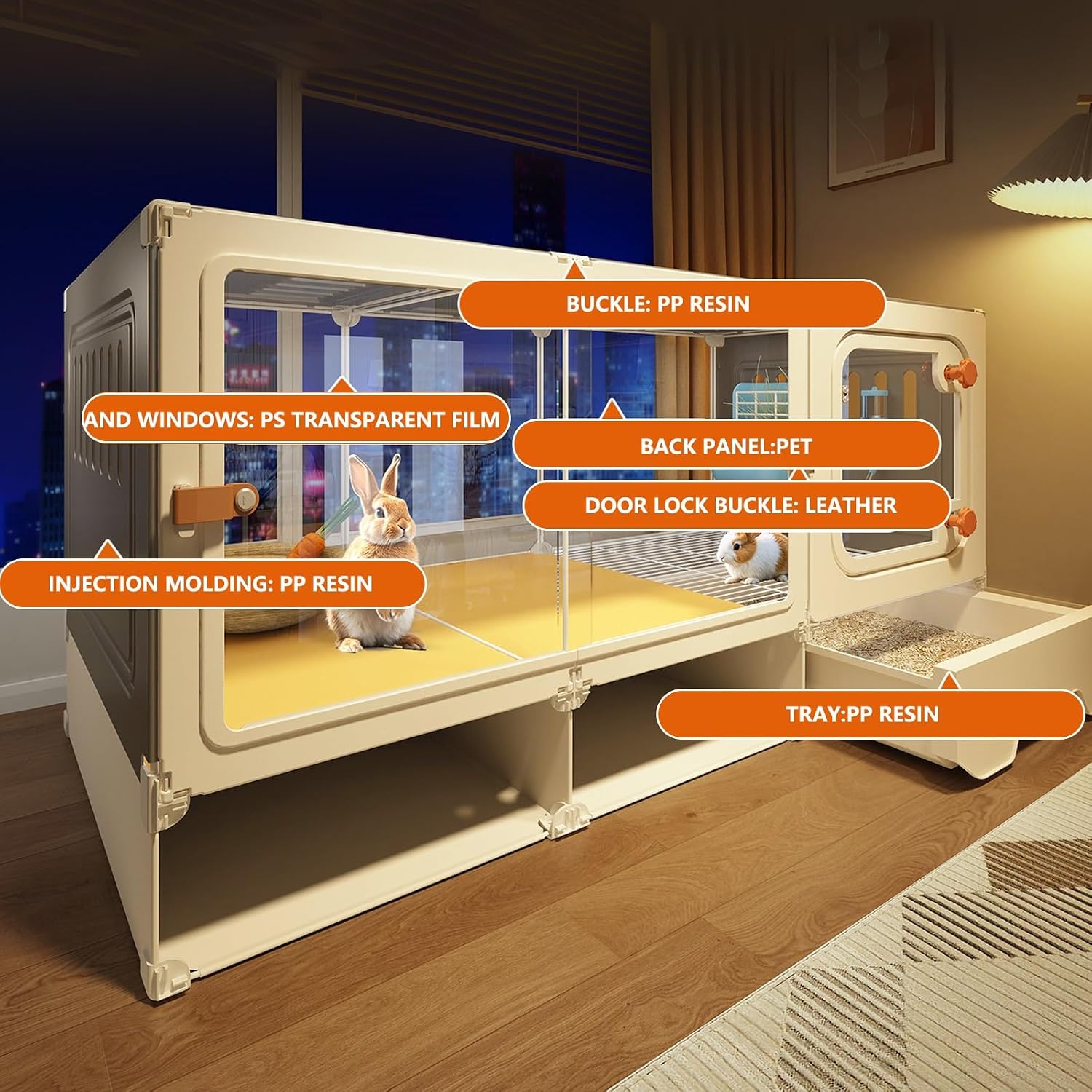 Clear Bunny Cage Bunny Cage Indoor Rabbit Hutch with Pull Out Tray Rabbit, Guinea Pig, Chinchillas, and Small Animal Cage(140 * 45 * 52)