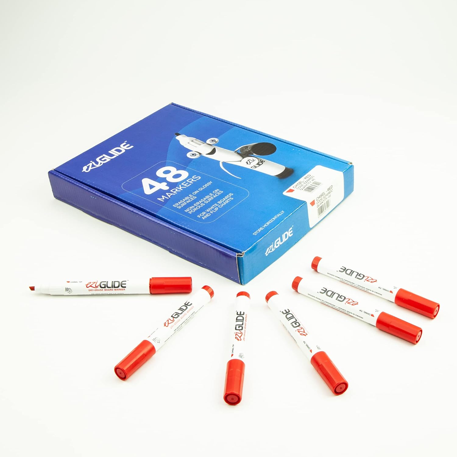 Eziglide Red Chisel Tip Drywipe Whiteboard Pens, Bulk Pack of 48 Red