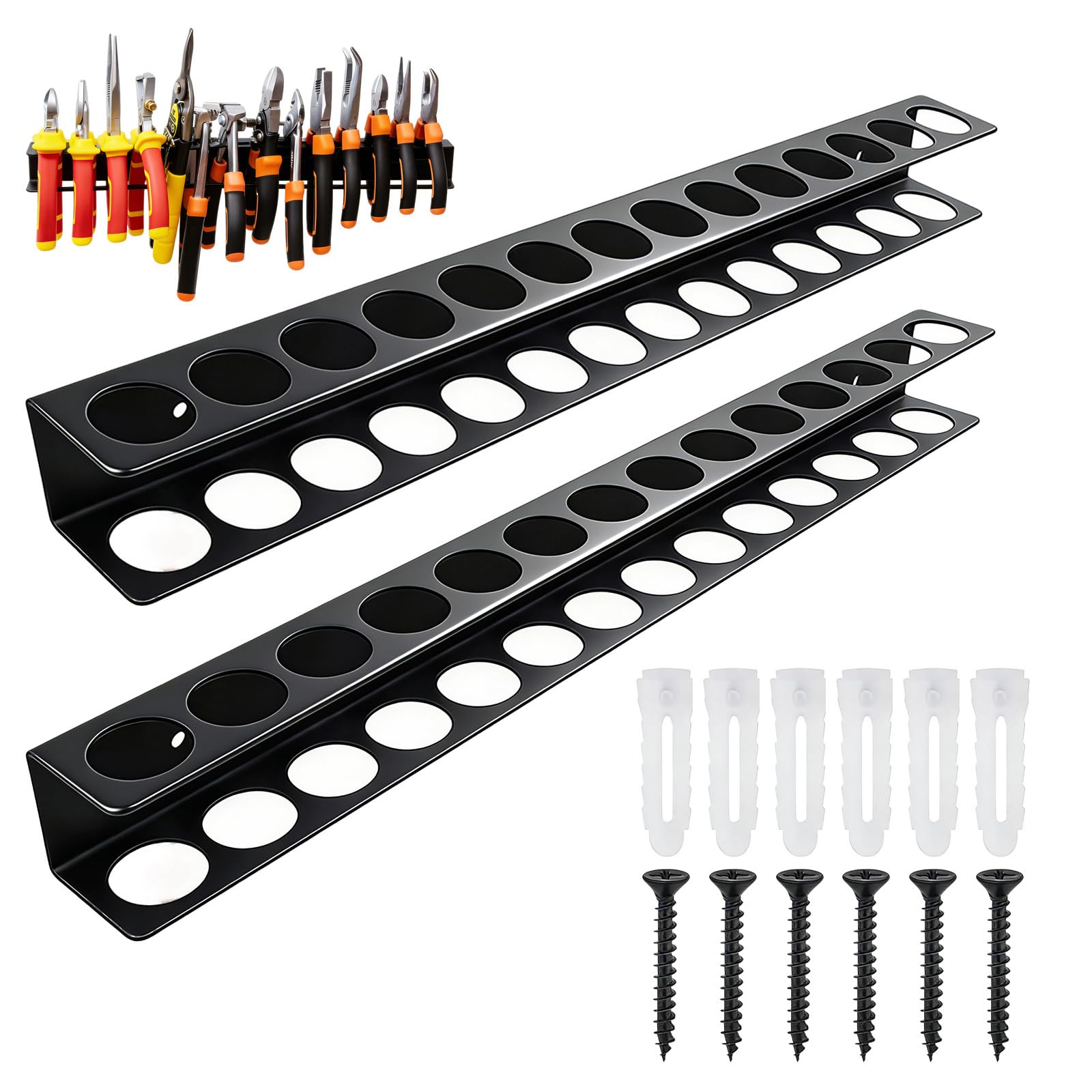 Lirynox Tool Organiser Wall Mounted, 2 Pcs Metal Screwdriver Holder with Expansion Screws, 14-Slot Hand Tool Storage Stand for Shed Pliers Home Garage Workshop
