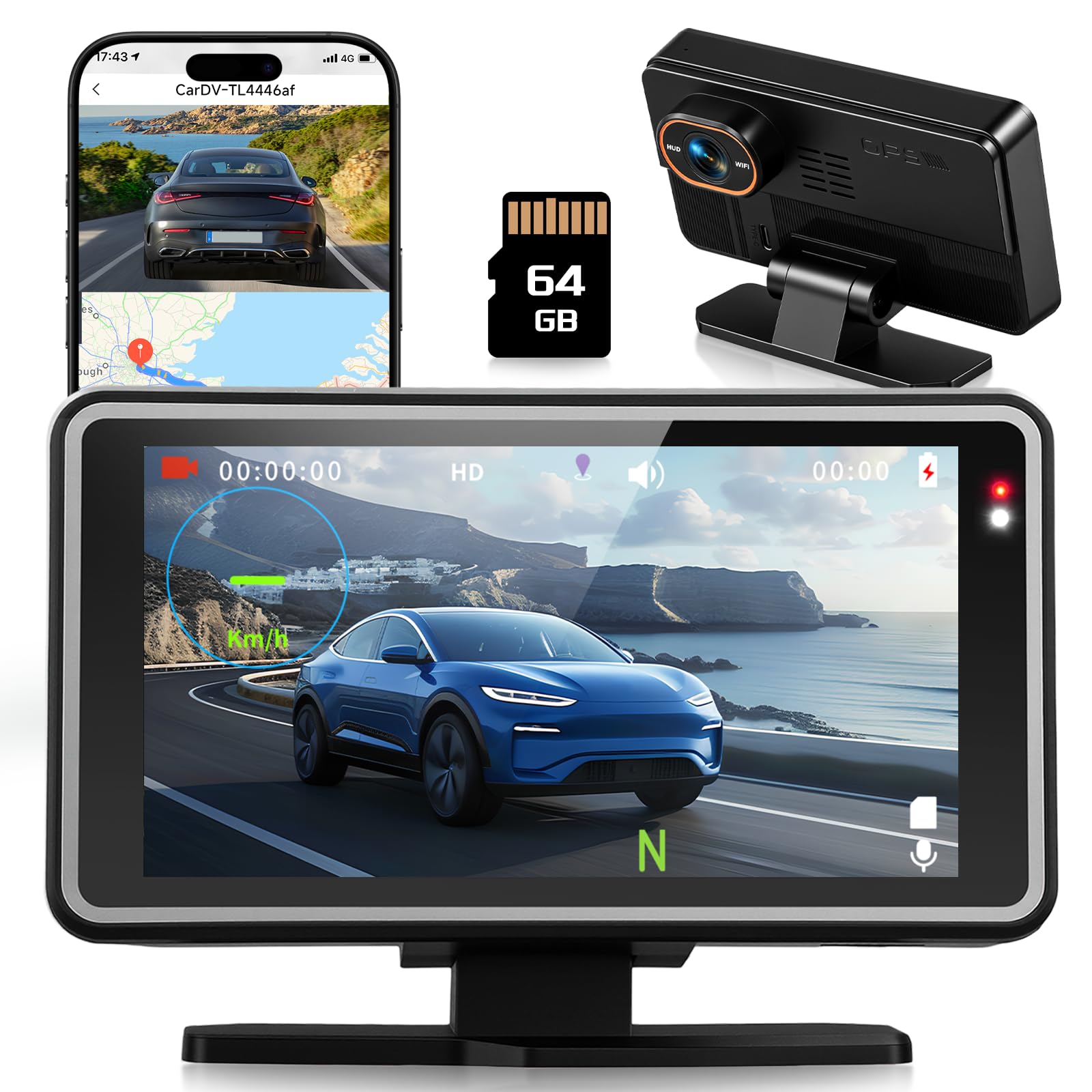 Inefala Dashcam WiFi con GPS/Registrazione a circuito chiuso/G-Sensor/64G SD Card, Dash Cam 1080P con IPS Schermo da 5 Pollici, HUD Display Head-Up Display per Velocità & Tempo