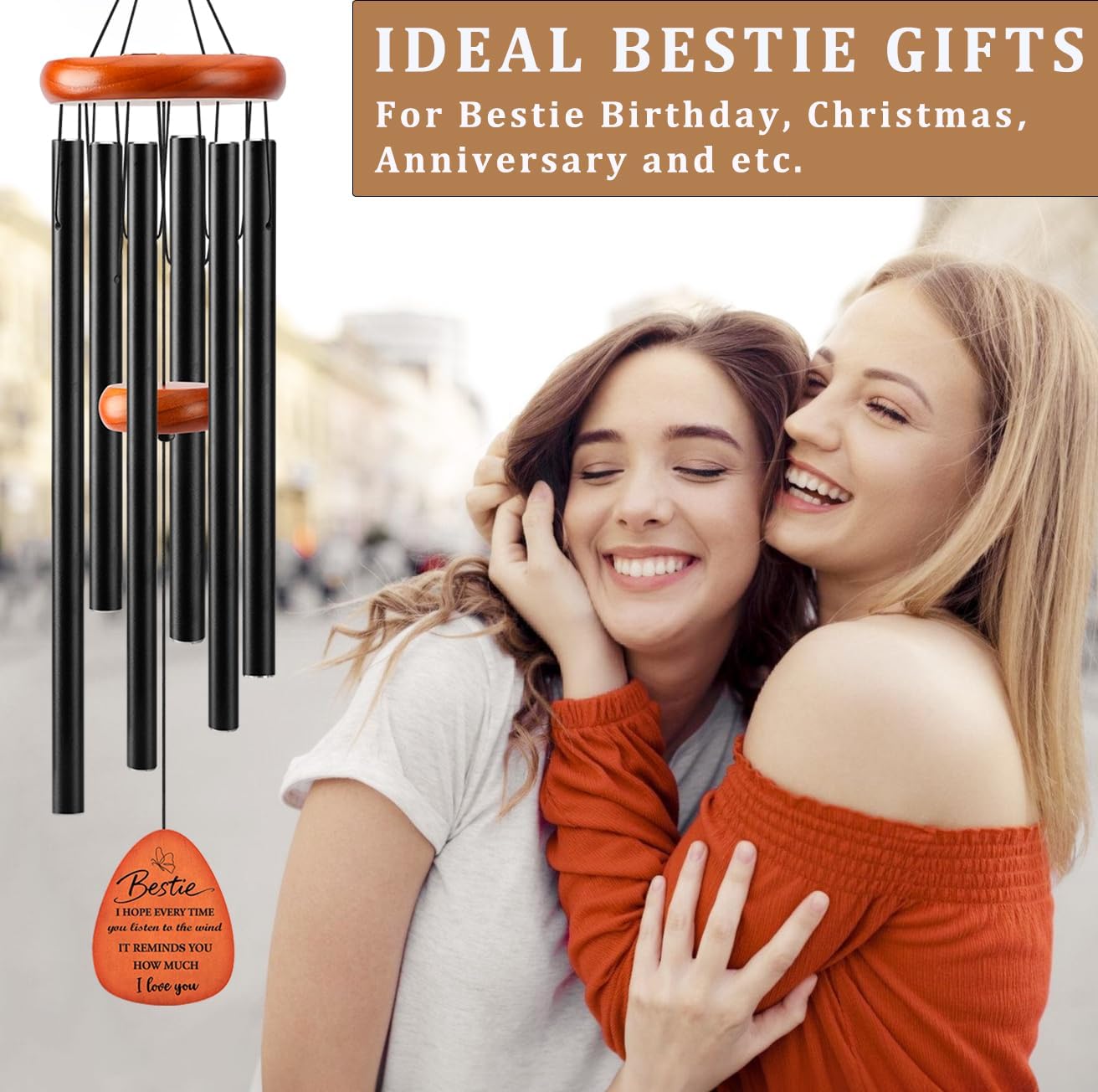 Bestie Gifts for Women, 32" Wind Chimes Bestie Birthday Gifts for Women, Best Gift for Bestie, Best Friend Birthday Gifts, Black